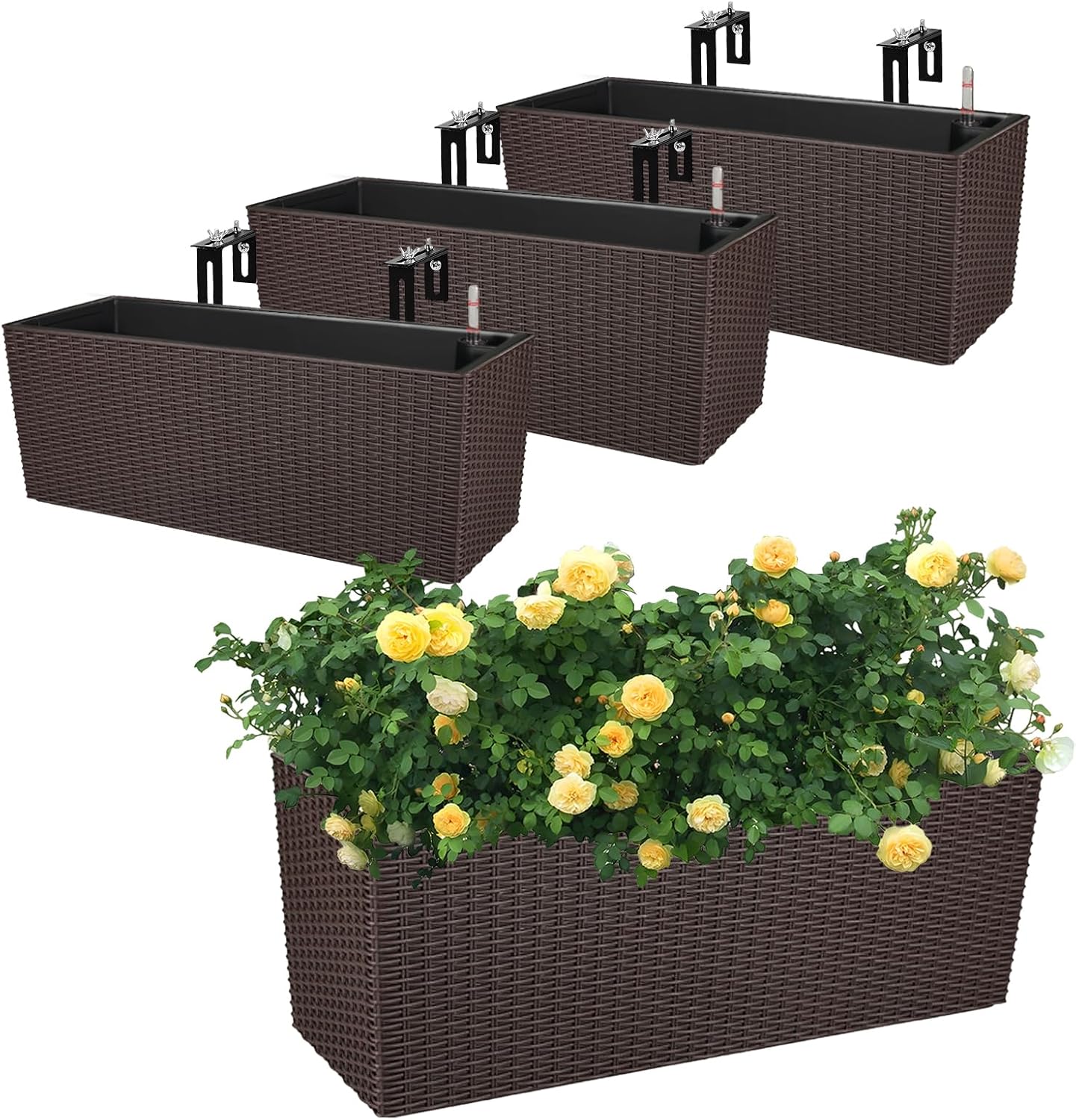 Aoodor 4Pcs 19.5" Rectangular Window Box Wall Mount/Railing Planter, Self-Watering Planter with Adjustable Bracket, for Fence, Balcony, Patio, and Outdoor Decor - Coffee