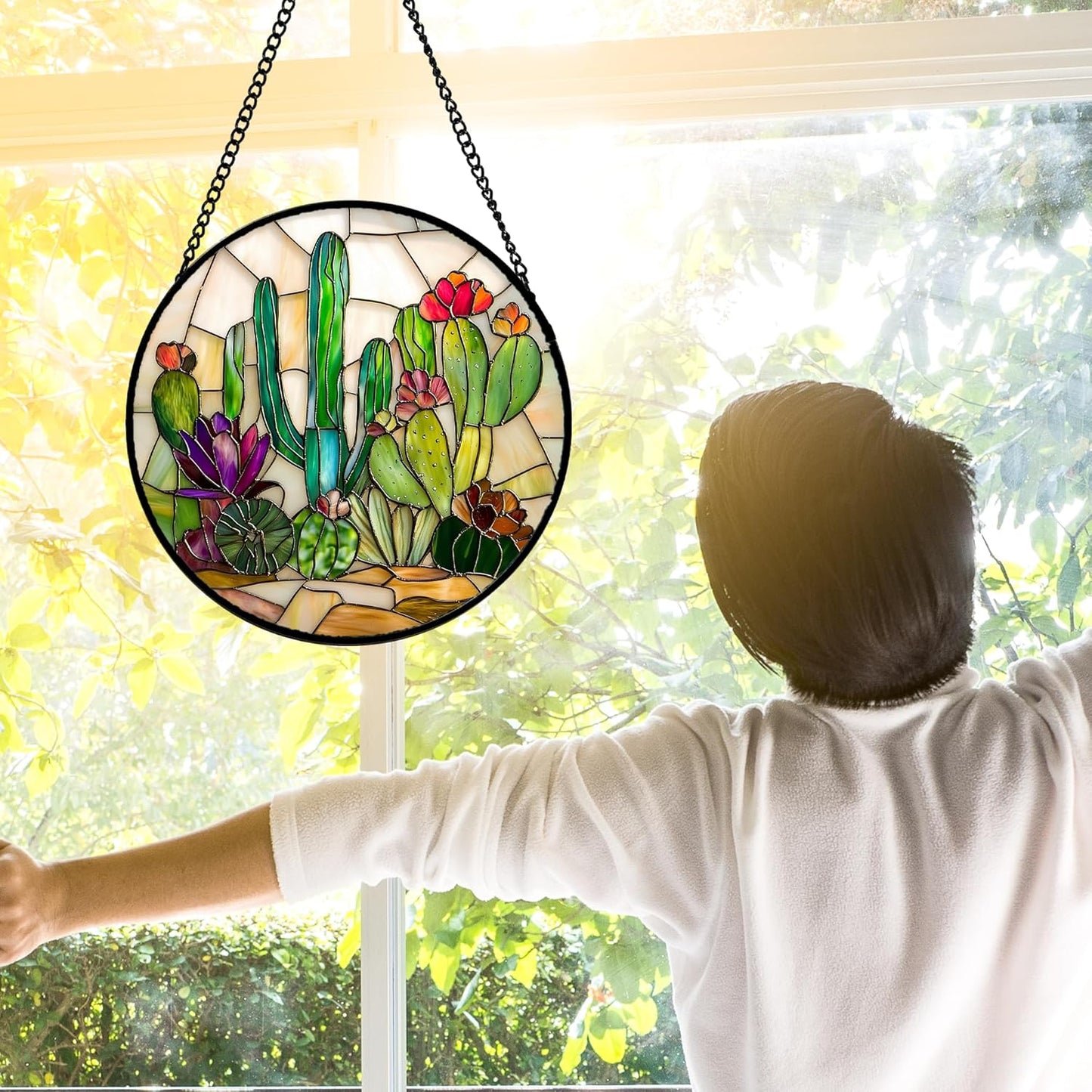 Stained Glass Window Hanging, White Green Cactus Suncatcher Diamond Glass Panel Hangings Sun Catchers Decor for Birthday for Women, Men, Wife, Aunt, and Mom 9.8 in