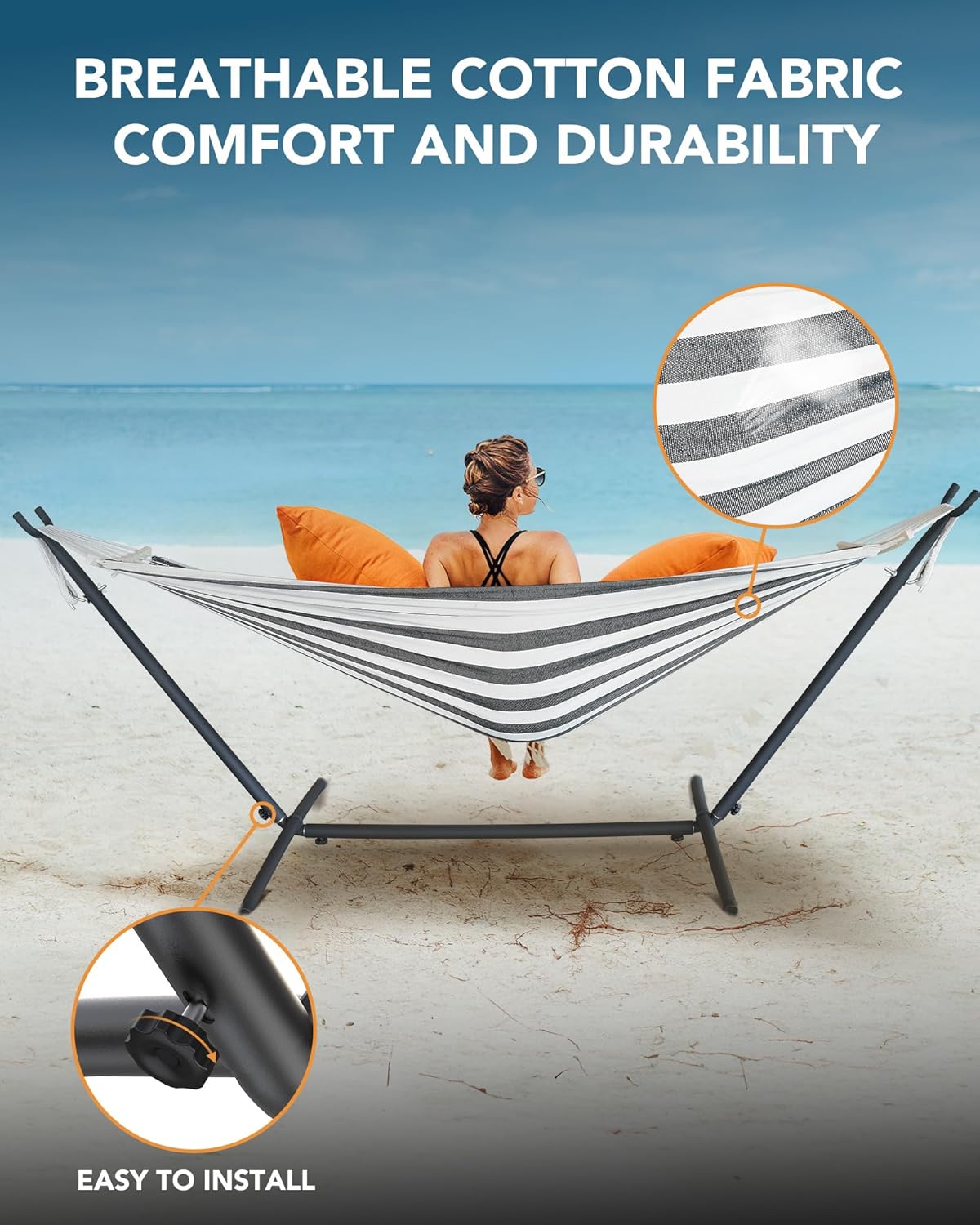 Hammock with Heavy-Duty Steel Stand,Portable,Easy Assembly,600lbs Weight Capacity,Suit for Indoor,Yard,Camping,or Outdoor,Black White