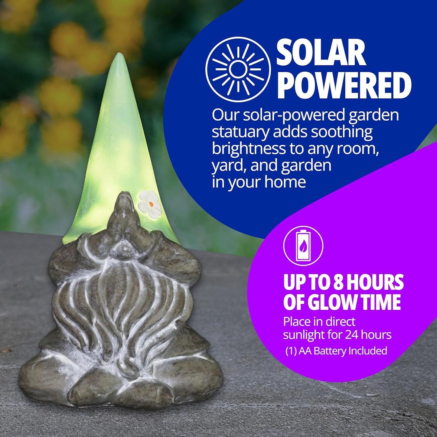 Exhart Garden Sculpture, Meditating Yoga Solar Garden Gnome Statue, LED Flower Hat, Outdoor Garden Decoration, 7 x 11.5 Inch, Mint