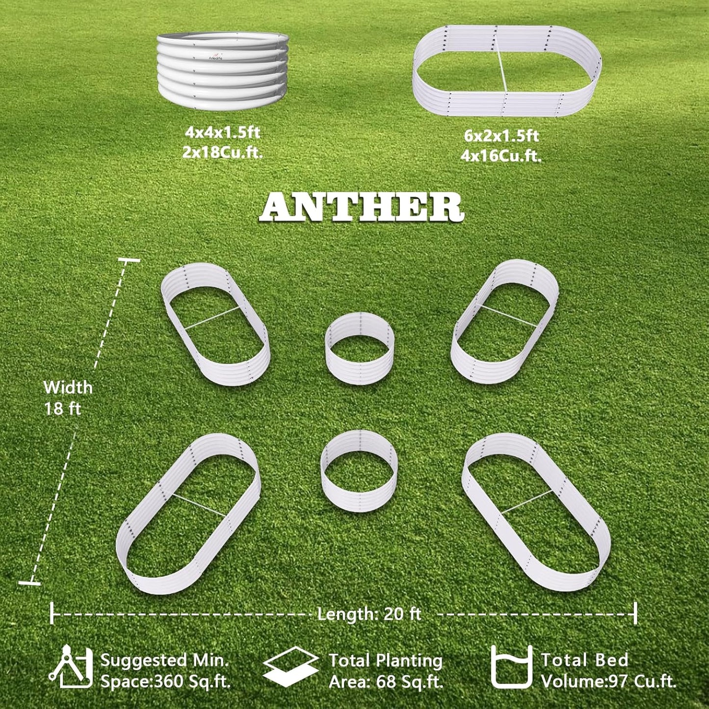 A ANLEOLIFE 6-Pack 4X4X1.5ft & 6X2X1.5ft Deep Root Galvanized Raised Garden Beds Outdoor for Planting Vegetables Flowers Herb, Antique White