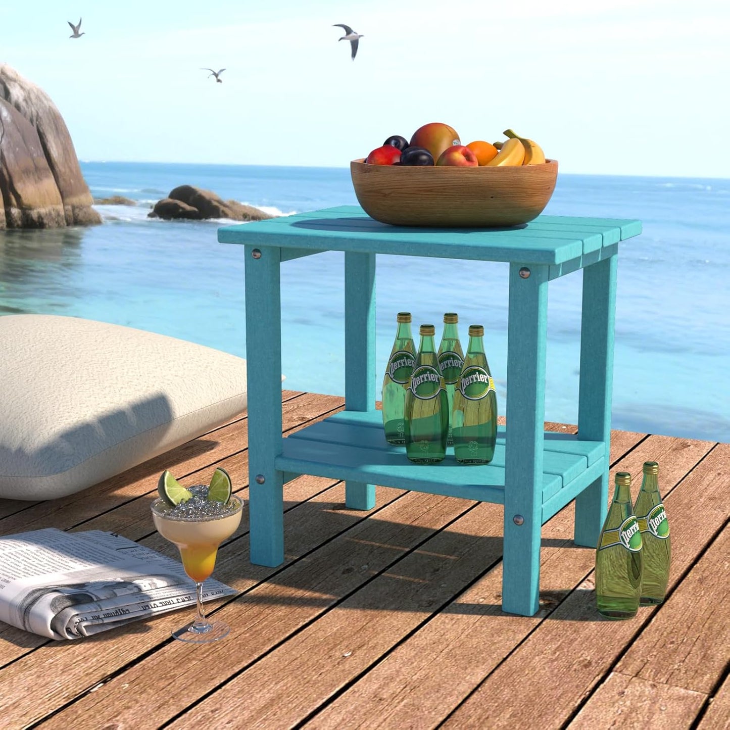 Outdoor Side Table, Adirondack HDPE Small Outdoor Table, 2-Tier Small Patio Side Tables for Outside Indoor Yard Poolside Porch, Light Blue