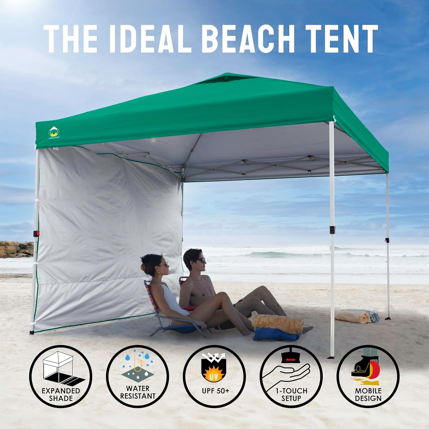 CROWN SHADES 10x10 Pop Up Canopy with 1 Side Wall - Beach Tent with One Push Setup - Outdoor Sun Shade for Events, Parties, Camping - Gazebo with STO-N-Go Cover Bag (Forest Green)