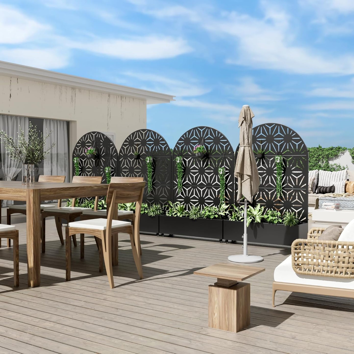 Casaphoria Metal Raised Garden Bed with Trellis and Wheels, 72"x47"x16" Arched Planter Box for Climbing Plants, Vegetables & Vines, Features Drainage Holes and Privacy Screen (Black-Star)