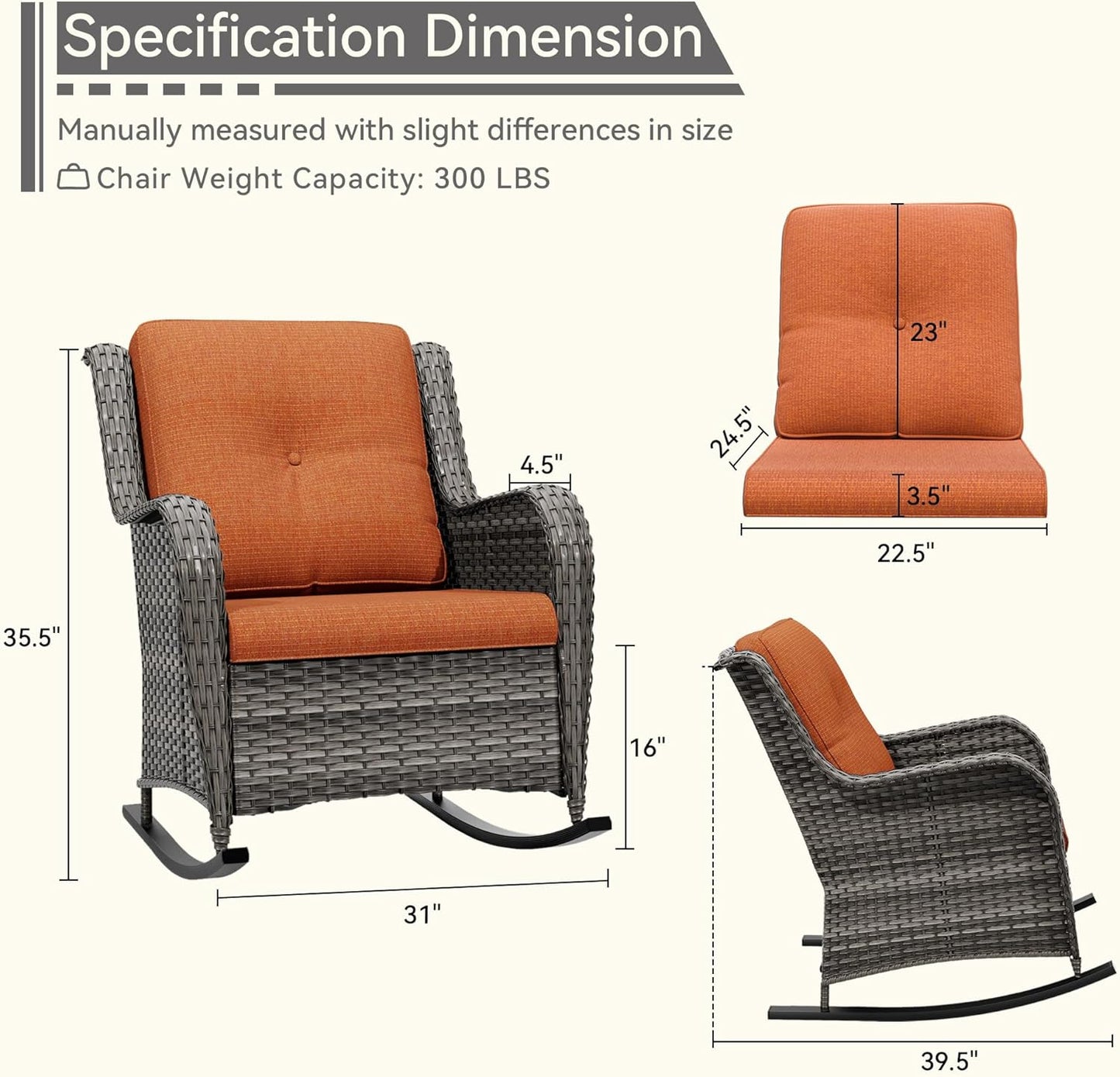 Outdoor Rocking Chair of 2, Wicker Patio Rocker Chair for Yard, Porch, Mixed Brown Grey Rattan, Orange Cushions