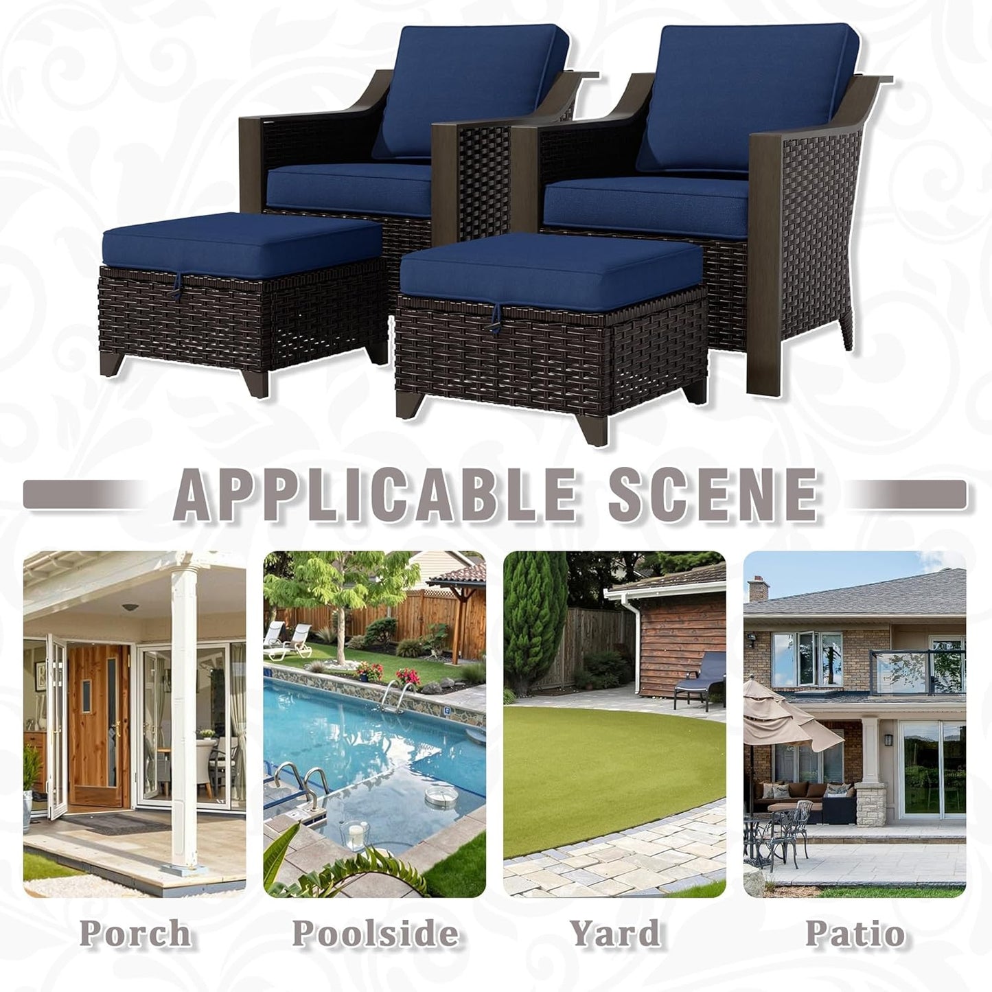 4 Piece Wicker Patio Conversation Set, All-Weather Use Outdoor 2 PE Rattan Chair, 2 Ottoman, Removable Water-Resistant Cushion, Ideal for Porch, Backyard, Balcony, Poolside, Blue