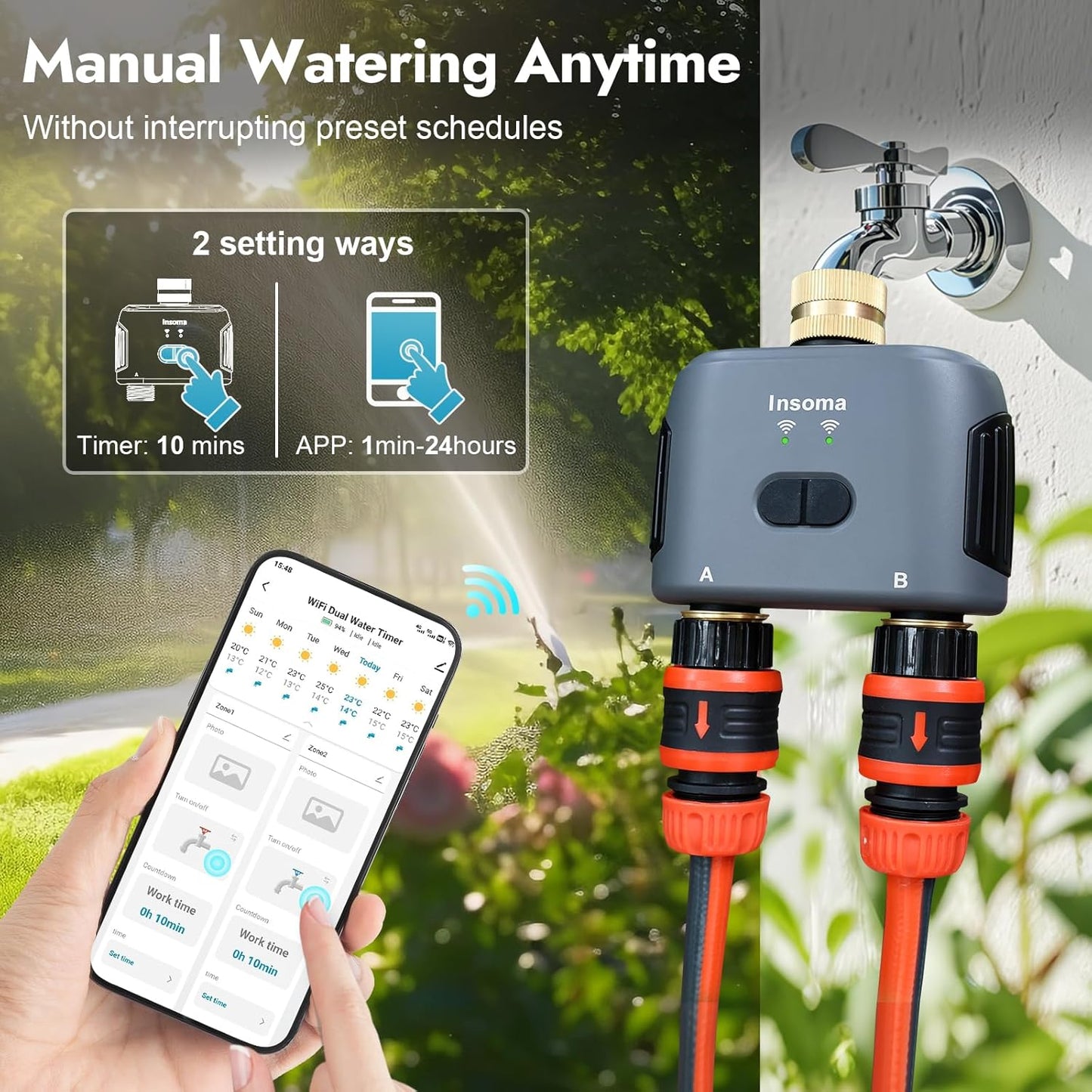 WiFi Water Timer for Garden Hose with Brass Inlet & Outlet,Smart Hose Timer with WiFi Hub, APP & Voice Control,Up to 20 Watering Plans, 2-Zone Sprinkler Drip Irrigation System Controller for Watering
