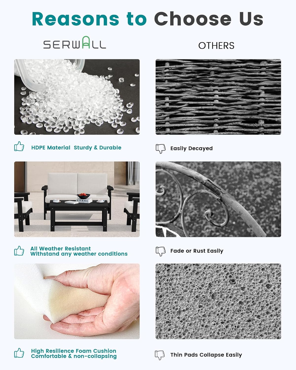 SERWALL Patio Conversation Sets, 7 Piece, Black Frame with Khaki Cushions