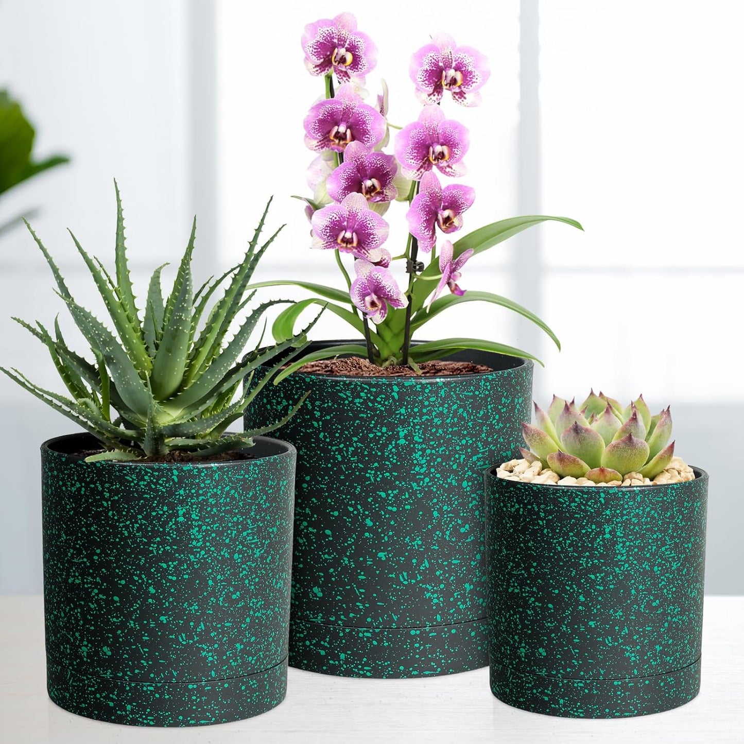 6/5/4 inch Plant Pots, 3 Pack Cylinder Flower Pots for Small Indoor Outdoor Plants, Plastic Planters with Drainage Holes and Saucers for Garden Succulent Plants, Black with Green Speckles