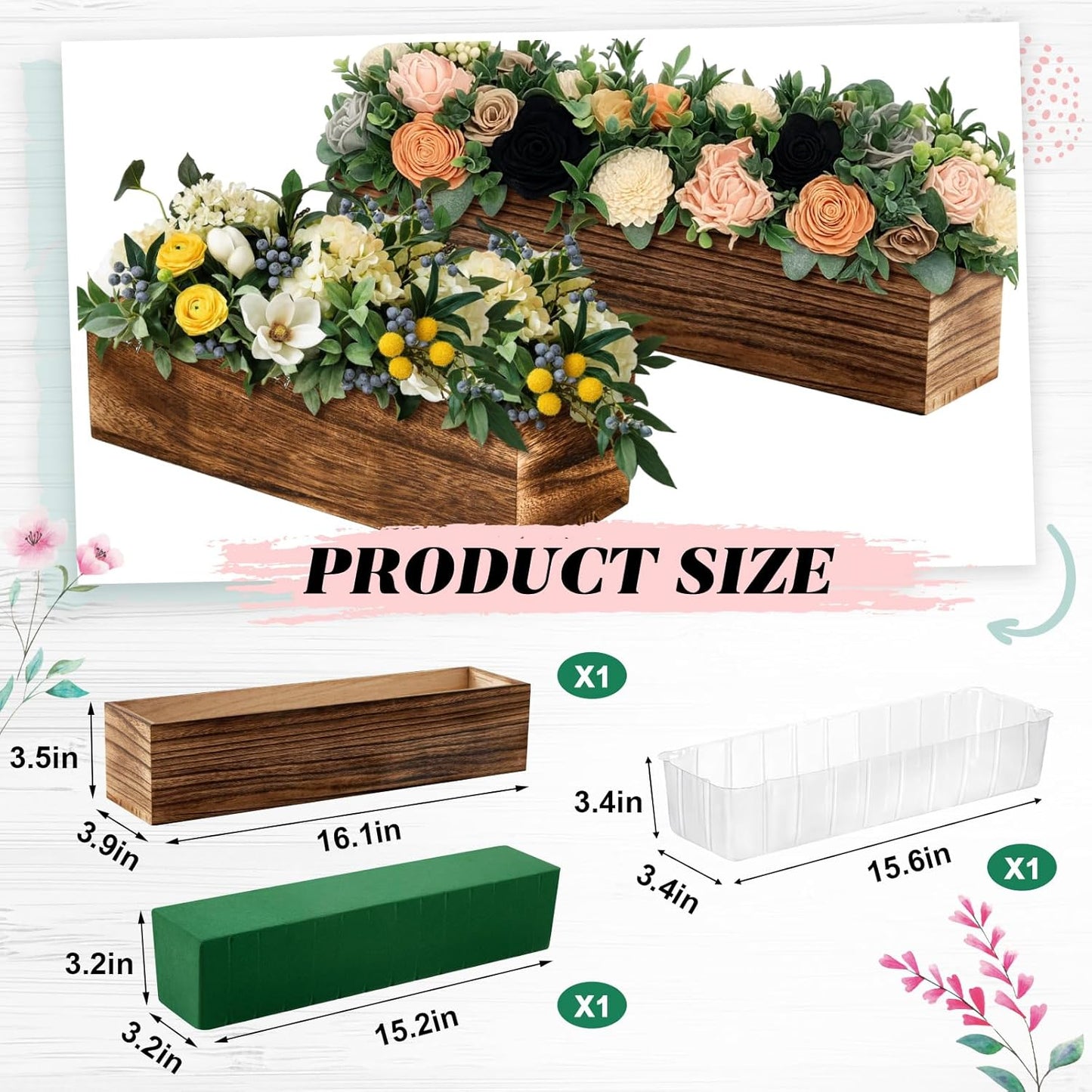 Dandat 1 Set Wood Boxes for Centerpieces 16x4 Inch Rectangle Wooden Planter Box Rustic Wood Planter with Removable Plastic Liner Floral Foam Blocks for Centerpieces Home Wedding Garden Decor
