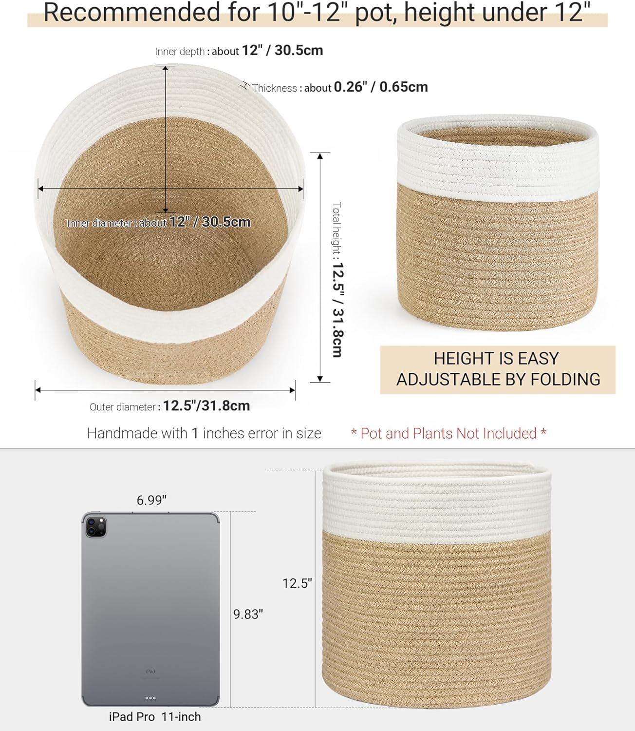 Dahey Jute Spliced Cotton Rope Plant Basket Modern Woven Storage Basket for 12" Floor Indoor Planter, Decorative Flower Pots Cover Laundry Bin with Handle Rustic Home Decor, White and Beige