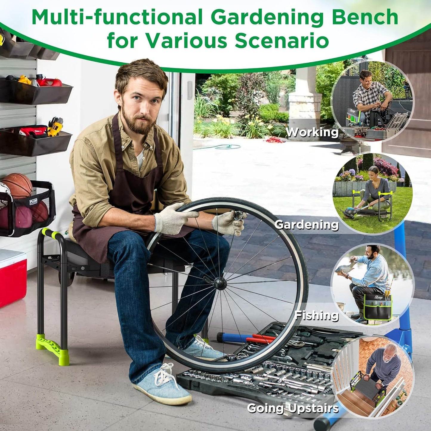 10.8” Wide Garden Kneeler and Seat, Heavy Duty Foldable Gardening Stool with Tool Belt Pouch, Included Thickened Kneeling Pad, Portable Gardening Bench Chair for Seniors & Parents