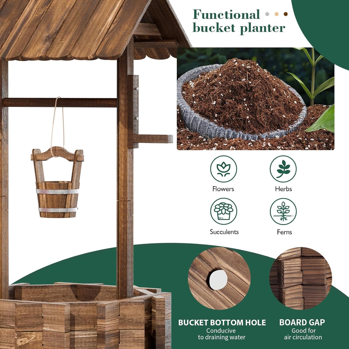 Wooden Wishing Well Planter for Outdoors with Hanging Bucket, Rustic Flower Planter Patio Garden Decorative, Brown (Brown)