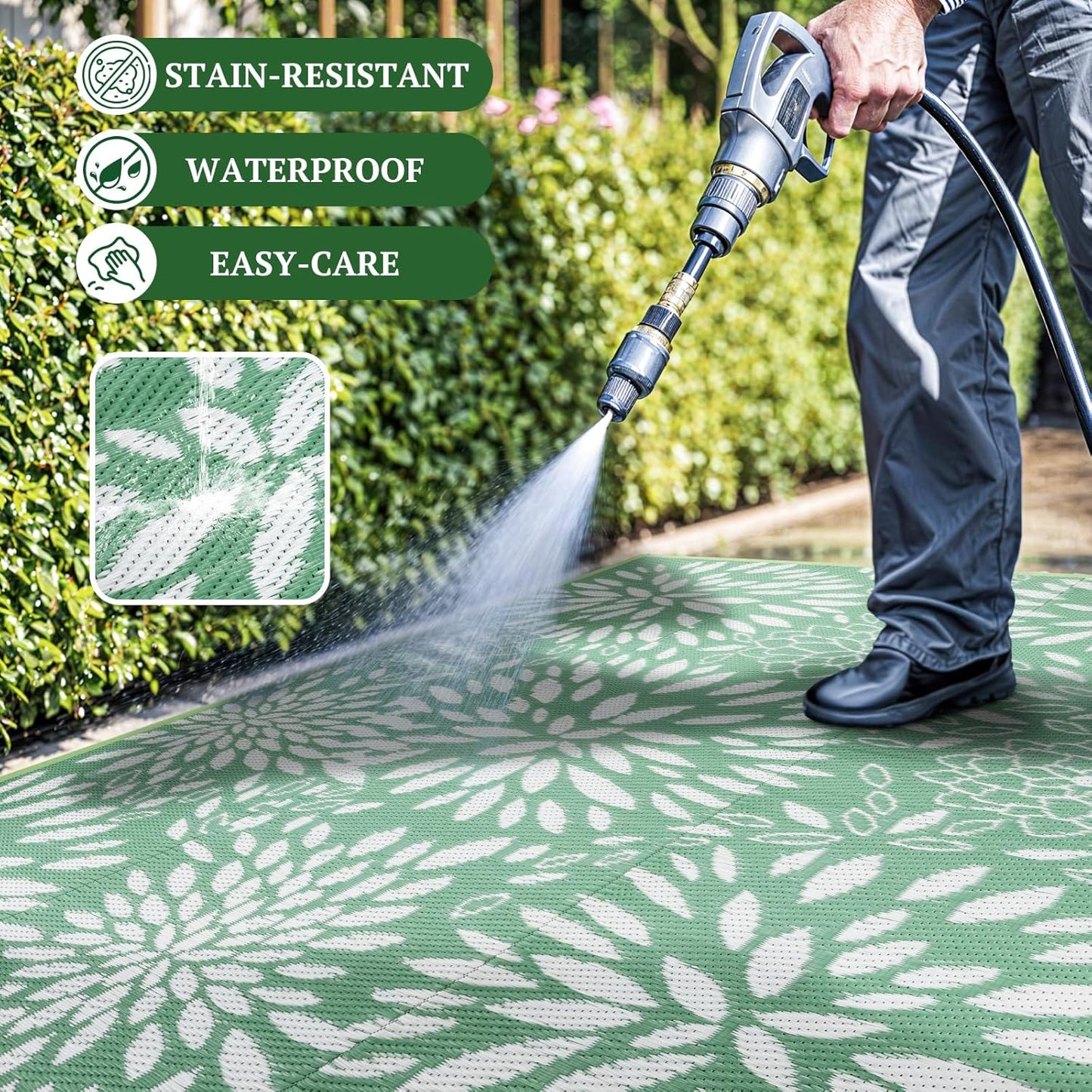 5'x8' Reversible Outdoor Rug - Eco-Friendly Plastic Straw Rug-Heavy-Duty Waterproof Mat, UV & Fade Resistant for Patio, Camping, RV, Deck, Balcony(5x8,Lake Blue&Floral)