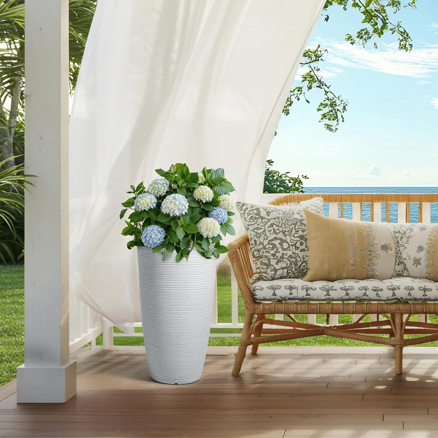 23.5" H Tall Pot Planters, 2-Pack Taper Large Flower Pots for Indoor Outdoor Use, UV-Protect PP Plant Container for Garden Patio Yard Balcony Porch or Home Decor, White Vertical Stripes Texture