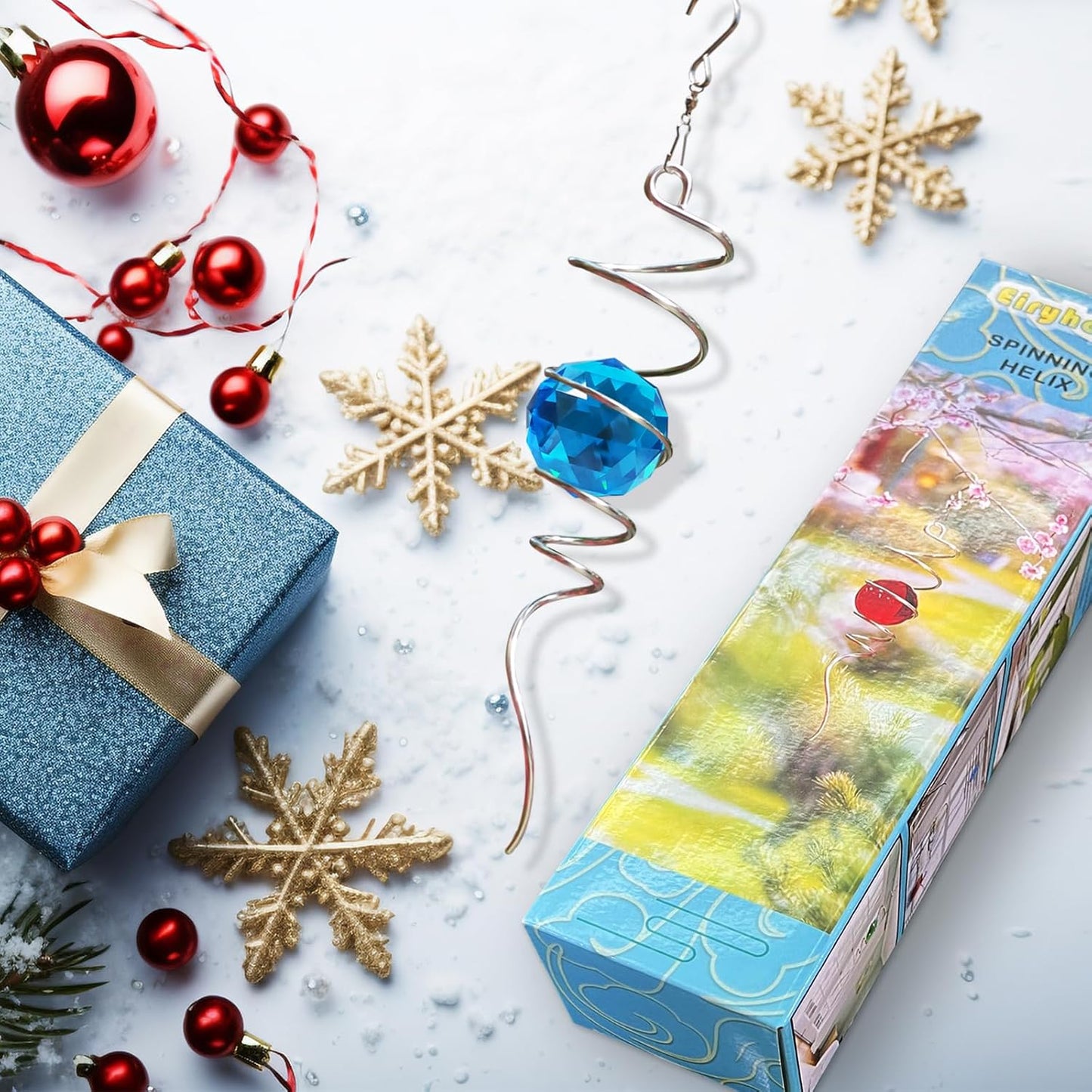 Gazing Ball Spiral Tail, Wind Spinner Spiral Peacock Blue Crystal Orb with Swivel Hook, Sun Catcher Rainbow Maker Hanging Decor for Yard Garden Rotating Art Ornaments Great Gifts 13" Height