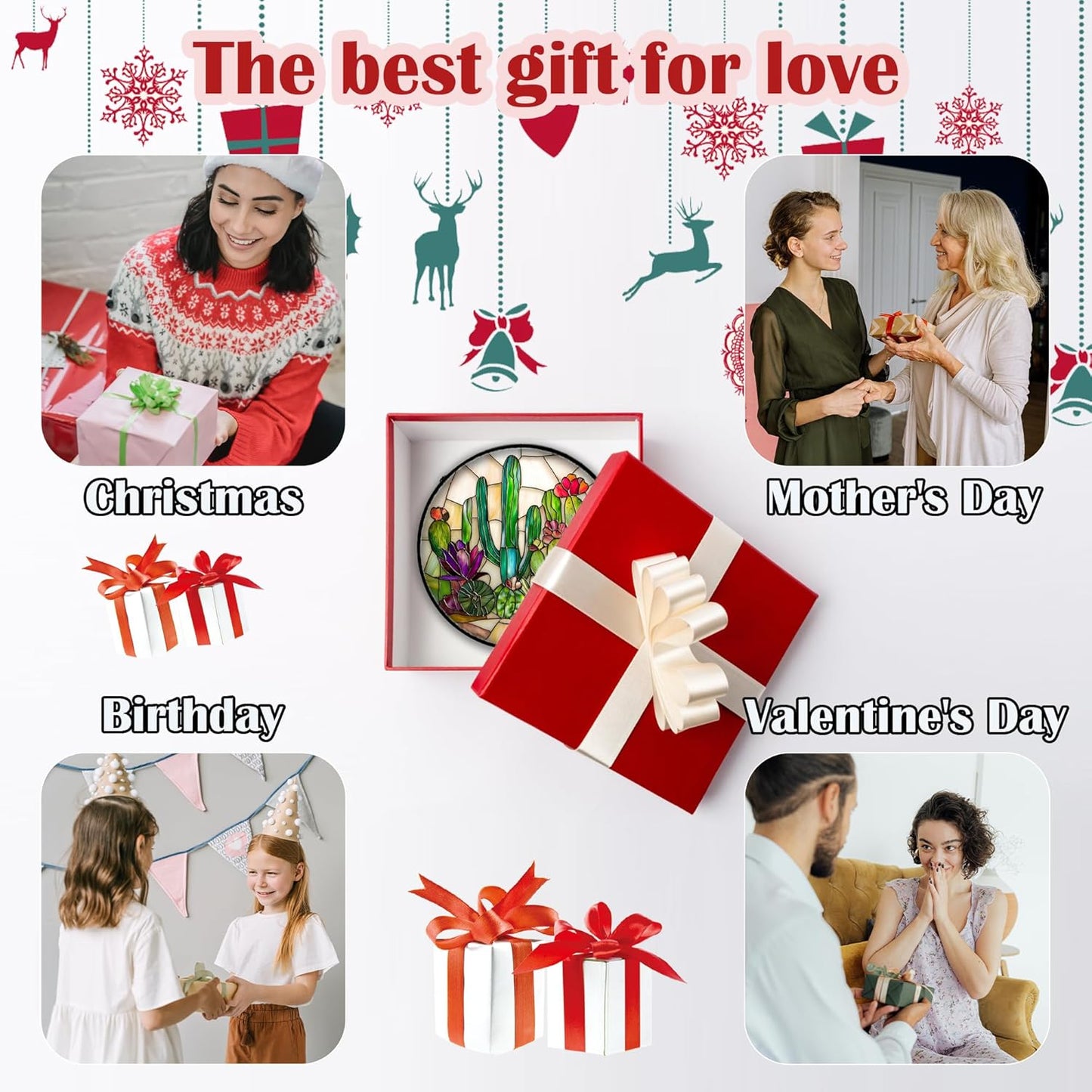 Stained Glass Window Hanging, White Green Cactus Suncatcher Diamond Glass Panel Hangings Sun Catchers Decor for Birthday for Women, Men, Wife, Aunt, and Mom 9.8 in