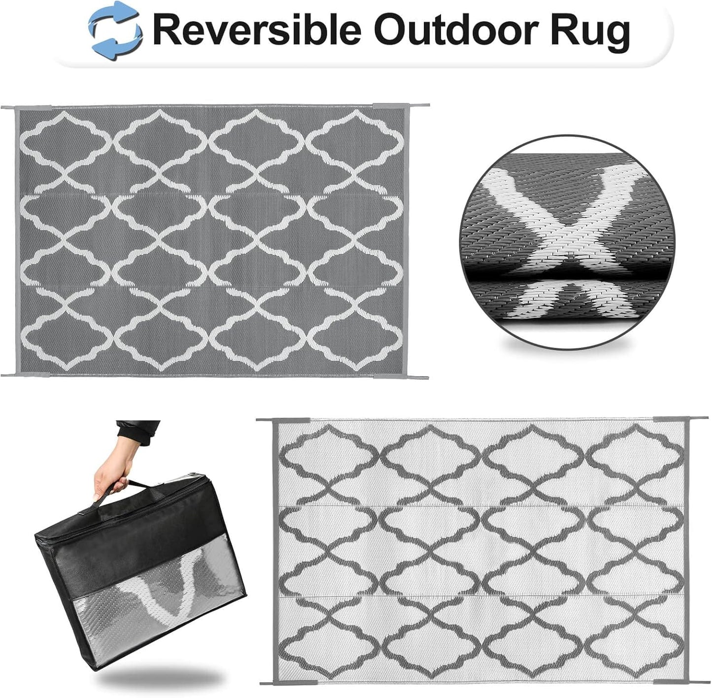 OutdoorLines Outdoor Plastic Area Rugs for Patio 6x9 ft - Reversible Outside Carpet, Stain & UV Resistant RV Mats, Straw Rug for Camping, Deck Garden, Porch and Balcony, Moroccan Grey & Light Grey