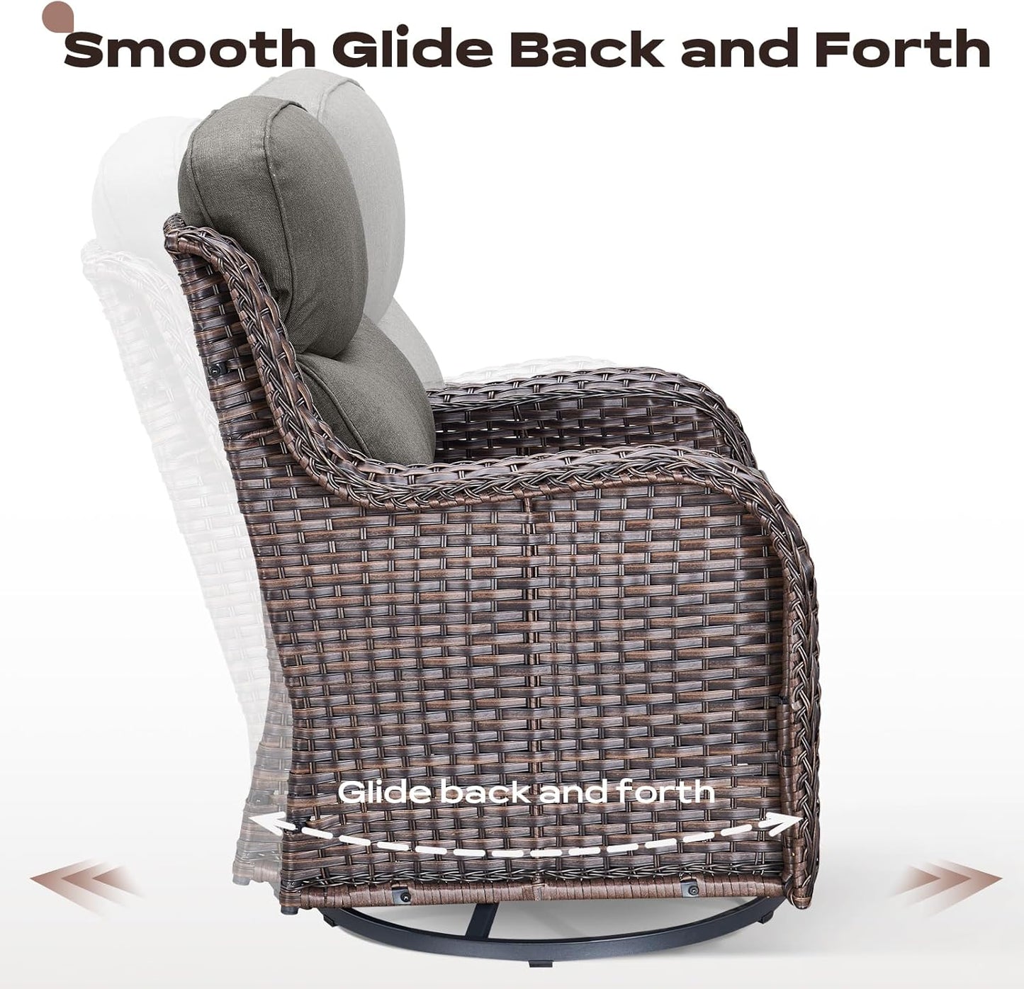 Wicker Outdoor Patio Furniture Set - 4 Piece Patio Conversation Set with Swivel Rocker Chairs and Ottomans, 6 inch Cushions, High Back, Deep Seating, for Porch Deck Garden Brown/Grey