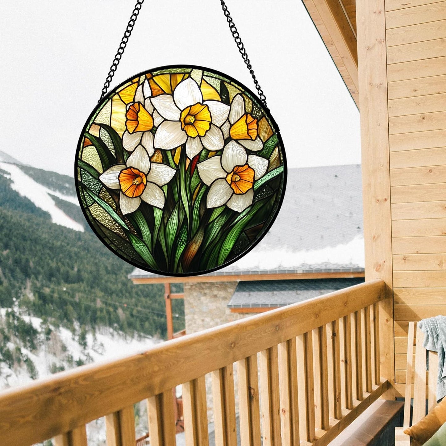 Stained Glass Window Hanging, Yellow and White Daffodils Sun Catcher for Door Home Decor Plants Flowers Suncatcher Christmas Mother's Day Birthday Gifts for Women Men Mom Nana 9.8 in