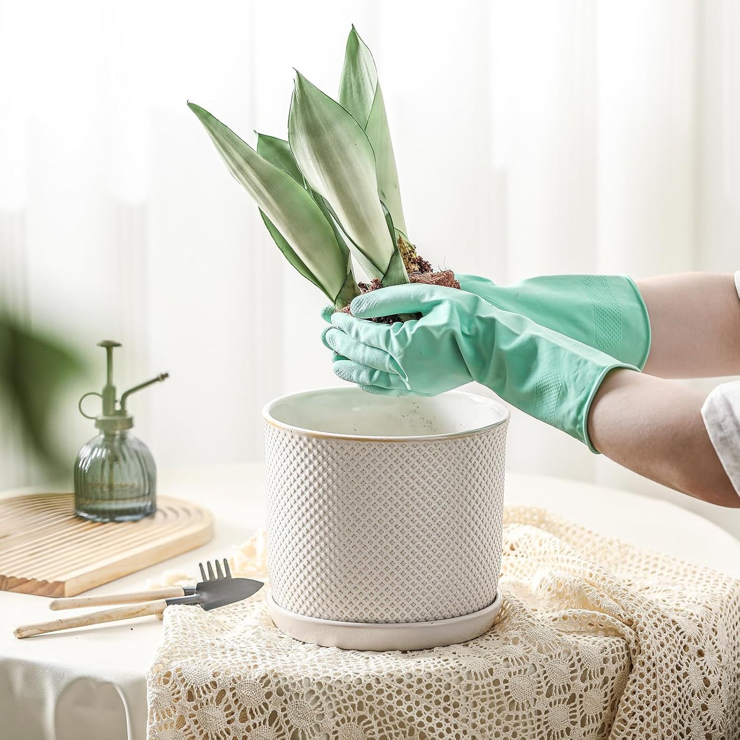 8 Inch Plant Pots: Ceramic Planter with Drainage Hole & Saucer - Flowerpot for Indoor & Outdoor Plants - Beaded Embossed Design White - with Separate Tray