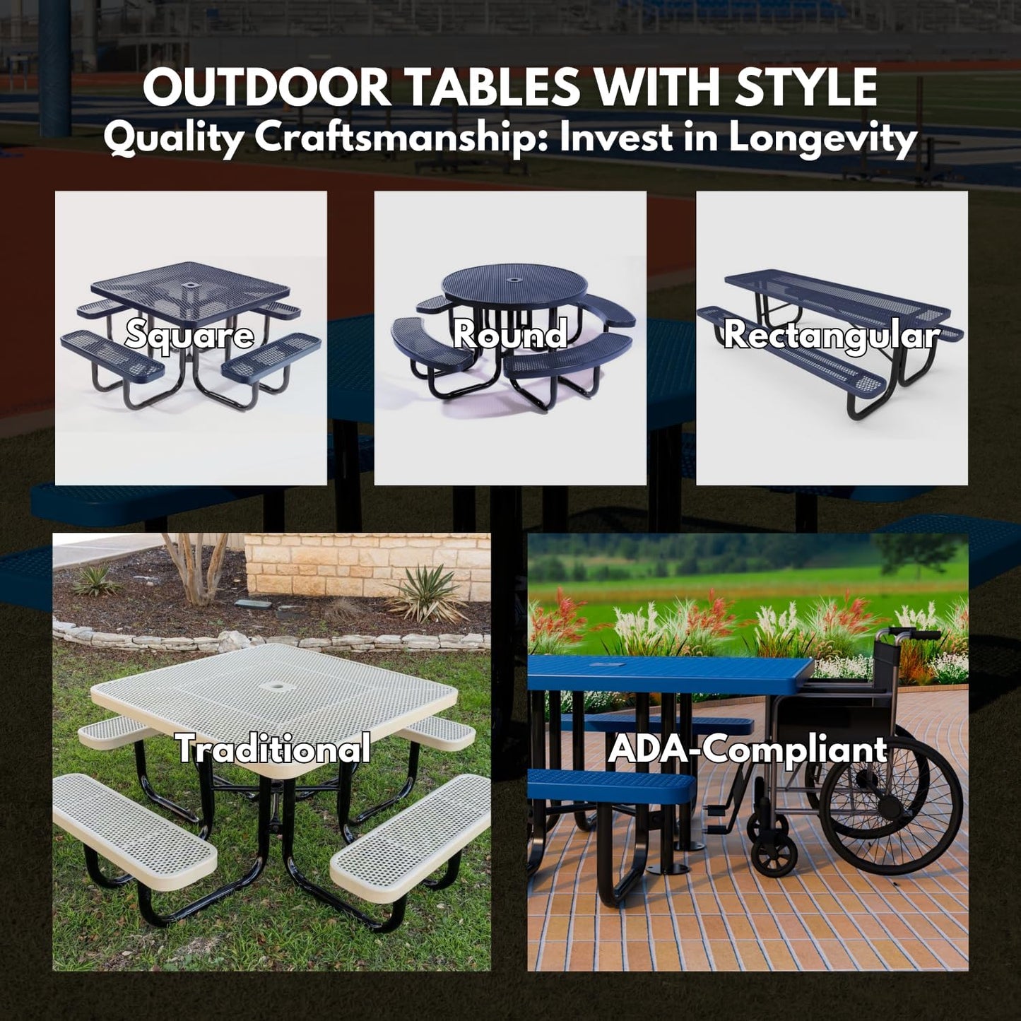 Coated Outdoor Furniture Heavy-Duty Outdoor Bench Thermoplastic Coated, Expanded Metal, Commercial-Grade Seating, Made in America (Inground with Back, 6 Ft, Dark Blue)