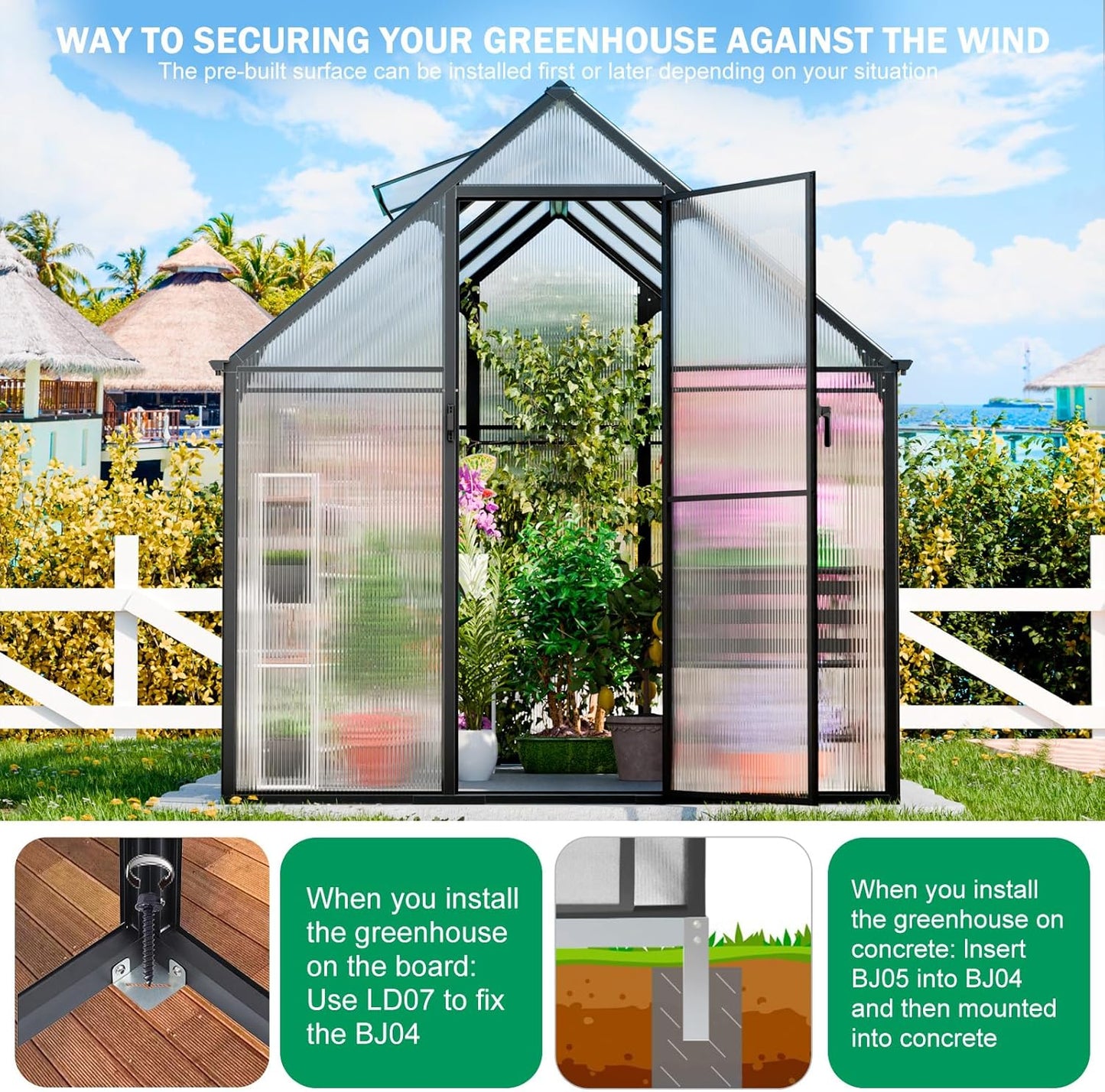 CDCASA 8.2x6.2 FT Greenhouse for Outdoors, Easy Assembly Aluminum Heavy Duty Polycarbonate Greenhouses w/Vent Window, Swing Door, Walk-in Green House for Sunroom Patio, Backyard, Garden,Black