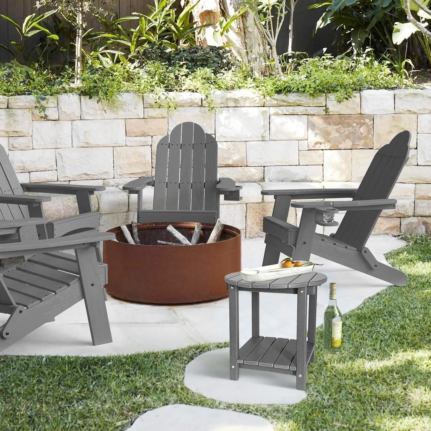 Adirondack Round Outdoor Side Table 2-Tier Storage Patio Side Table, HDPE End Tables for Backyard Pool Porch Garden Lawn (Grey)