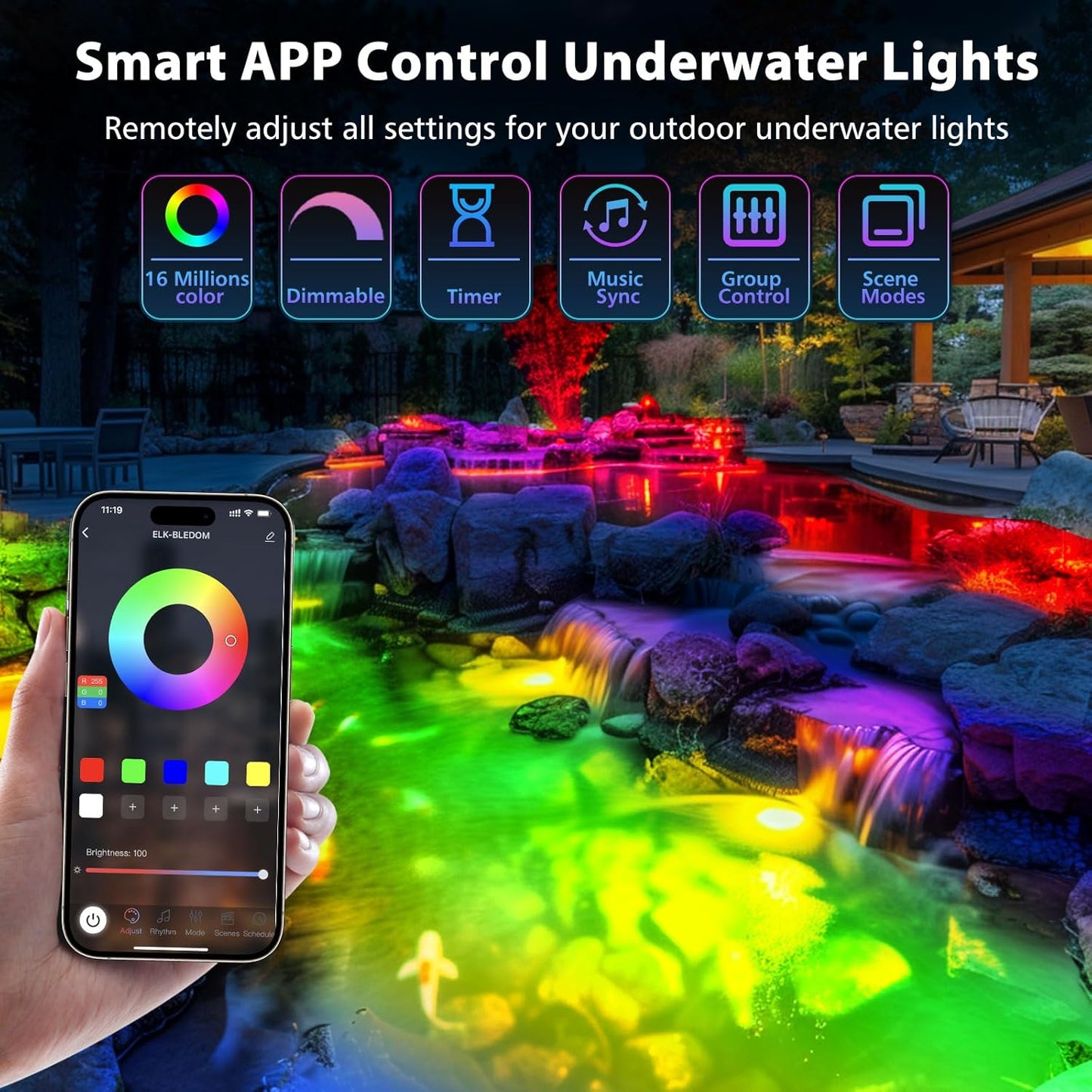 LED Pond Lights, 6W RGB SS316 Stainless Steel Dimmable Underwater Pond Lights, IP68 Waterproof Submersible Fountain Light APP Control, 12V Outdoor Waterproof Light with Transformer Timer, 26ft Cord