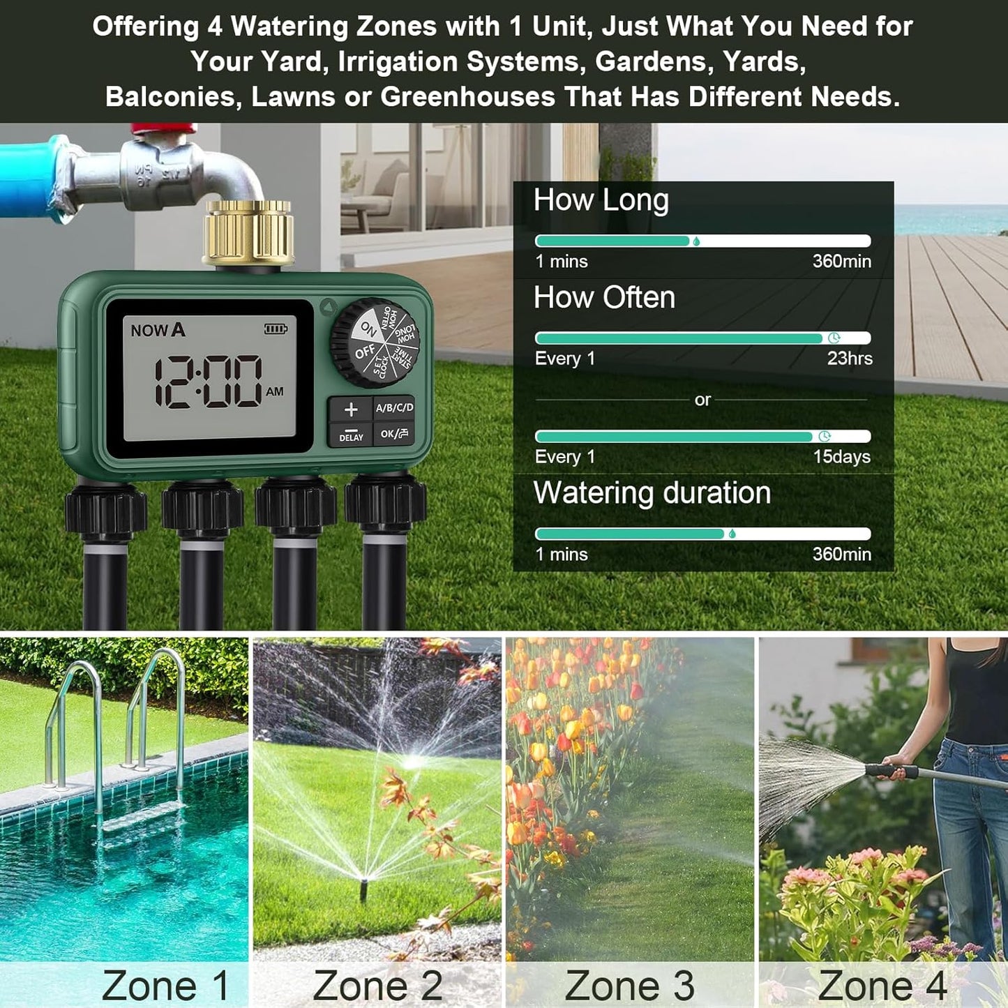 4 Zone Sprinkler Timer with Brass Inlet,Programmable Water Timer for Garden Hose with Rain Delay, Manual& Automatic Watering System,Programmable Digital for Lawn Yard,4 Zone