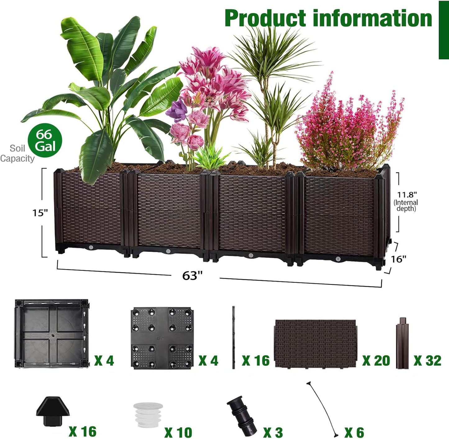 Raised Garden Box Planter, Polypropylene, Outdoor, 63'L x 15'H x 16'W, Large Plant Pot for Flowers, Vegetables, Tomato and Herbs, Self-Watering, Drainage Holes, Tool-Free Assembly