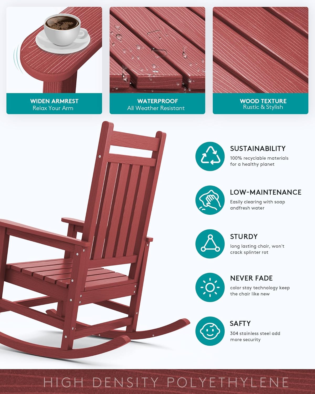 SERWALL HDPE Rocking Chair, Outdoor Rocking Chair for Adults, All Weather Porch Rocker for Lawn Garden, Crimson Red