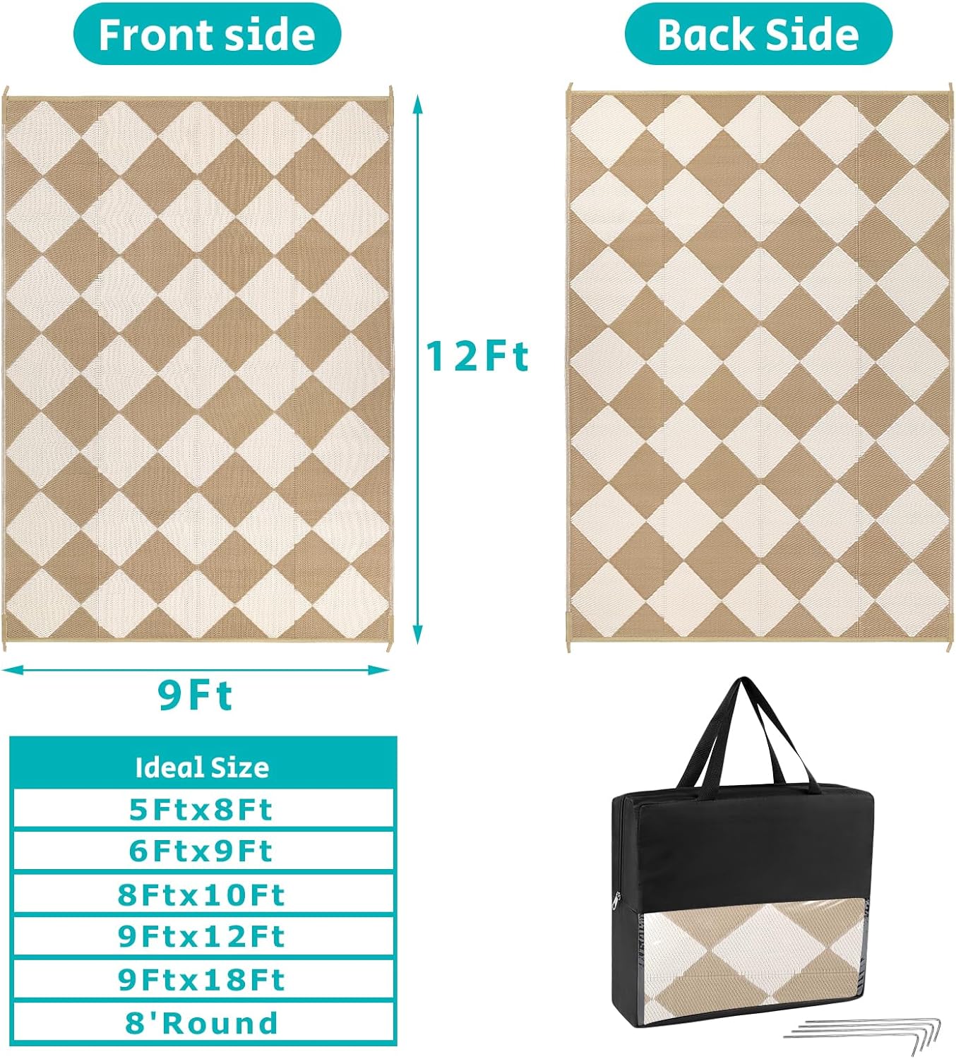 HEBE Outdoor Rug Waterproof 9x12, Plastic Straw Rug Camping Rug, Reversible Outdoor Patio Rugs RV Mat Clearance, Indoor Outside Floor Carpet for Porch,Deck,Camper,Balcony,Backyard