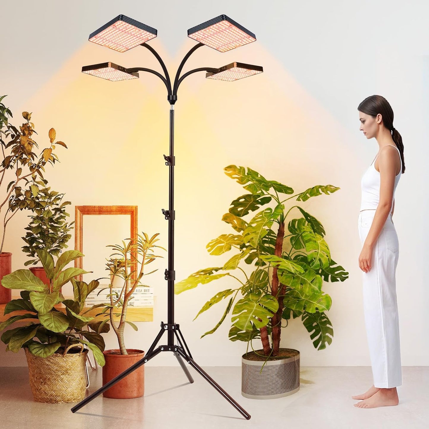 4-Head Grow Light with Stand 100W, FECiDA 2025 Grow Lights for Indoor Plants, Full Spectrum LED Plant Grow Light for Houseplants, Bonsai Tree, 4,8,12,16 Hr Timer and 360° Gooseneck