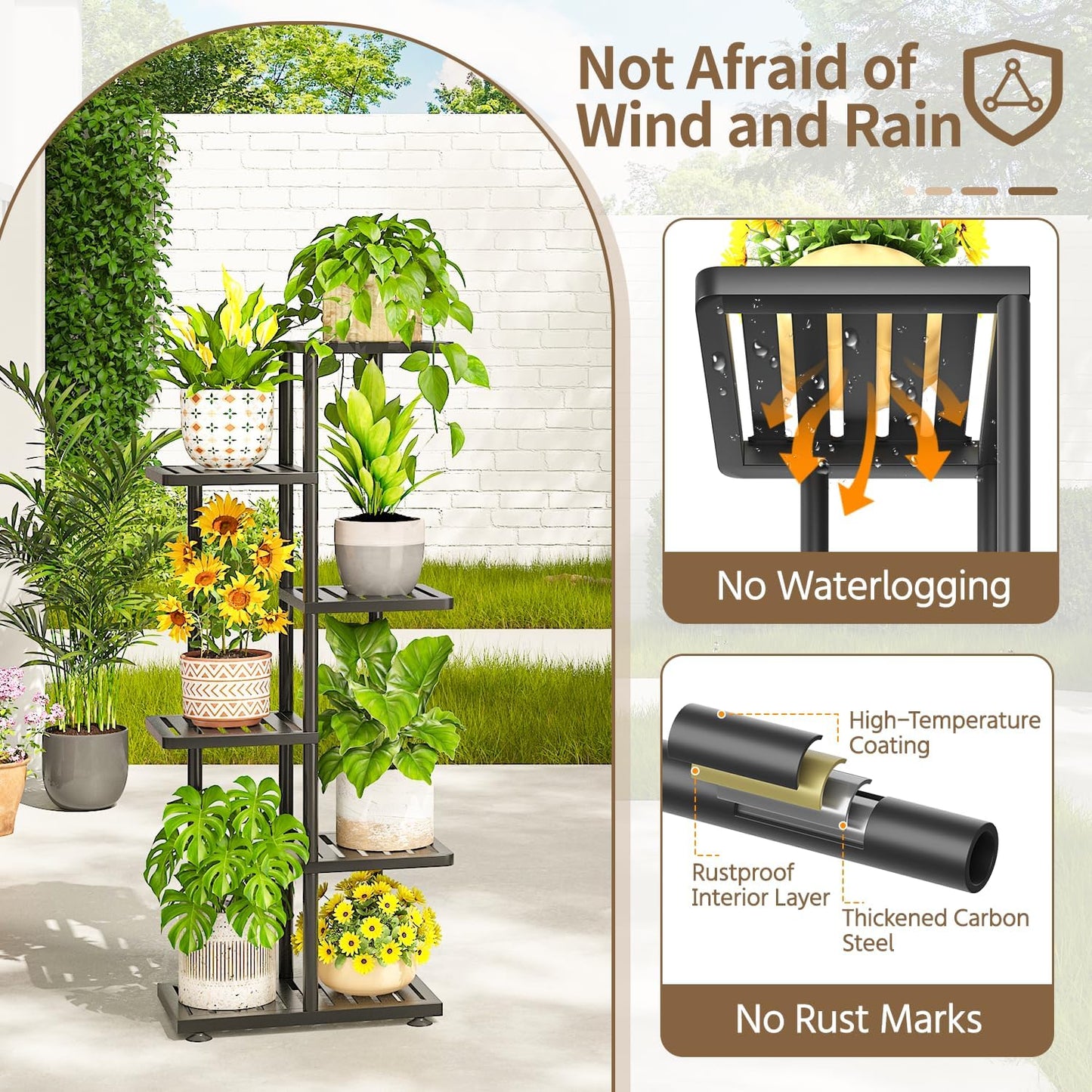 LASZOLA 5 Tier Plant Stand Indoors Outdoors for Large Heavy Duty Planter, Black Metal Tall Flower Holder Rack with Multiple Shelf for Modern Patio Corner, Vertical Organizer, Weather Resistant Bracket