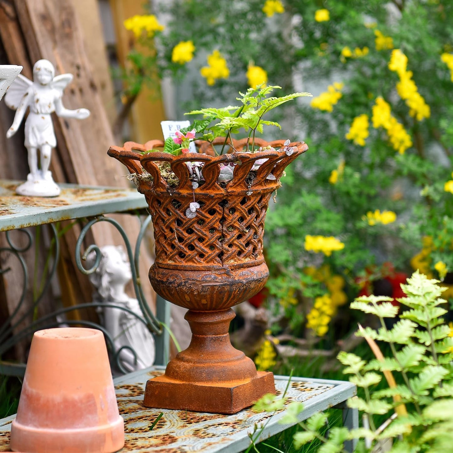 Sungmor Heavy Duty Cast Iron Urn Planter, Beautiful Hollow Trophy Design Tall Orchid Flower Pot, Large Decorative Plastic Flowers Plants Bouquets Vase, Rustic French Country Pot for Home or Garden