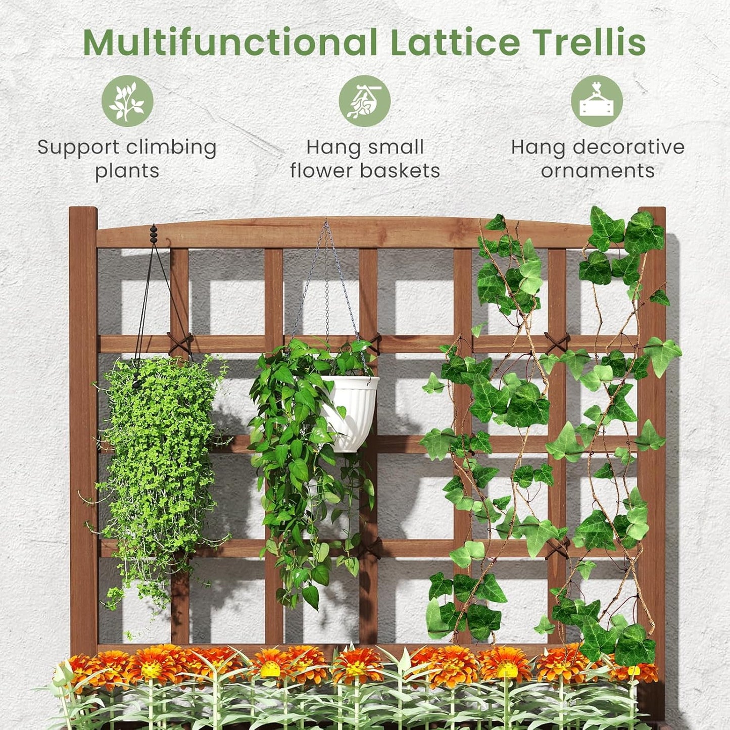 HAPPYGRILL Raised Garden Bed with Trellis, Drainage Holes, 2-Tier Wooden Elevated Planter Box w/Legs for Climbing Plants Vine Flower Herb Vegetable Fruit, Outdoor Garden Box for Patio Balcony (2)