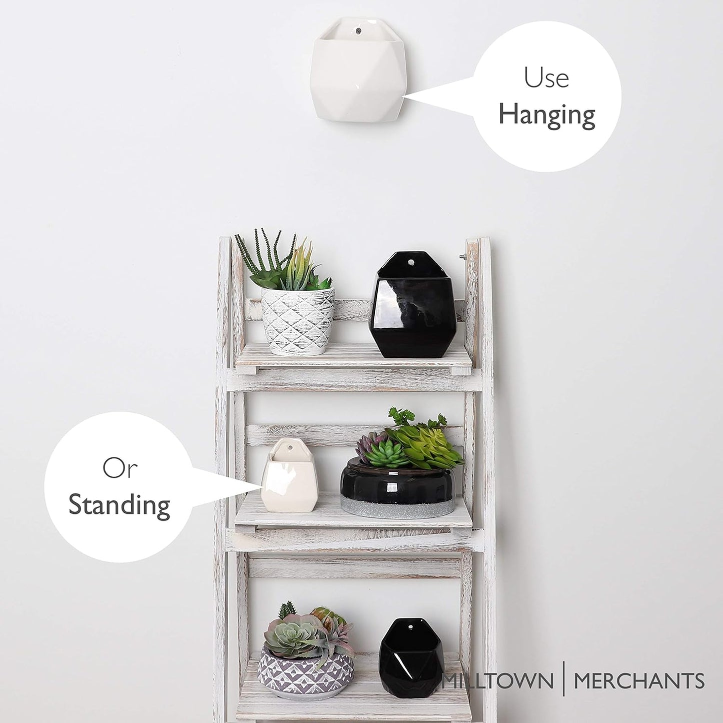 Milltown Merchants Succulent Wall Planters - White Ceramic Mounted Planters - Succulent Pots - Hanging Vases for Living Wall (1 Pack/Geometric/White)