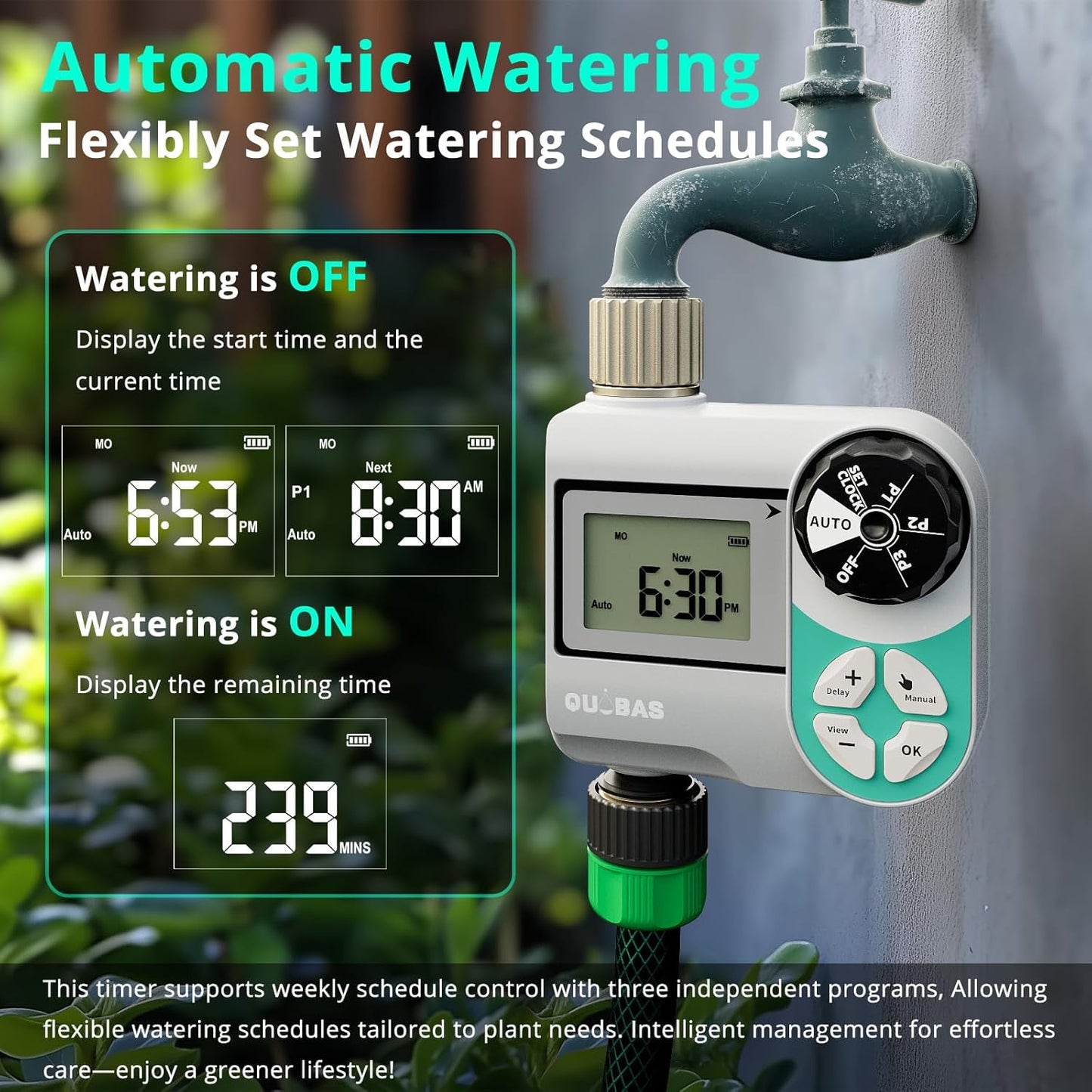 QUOBAS Weekly Plan Sprinkler Timer with Metal Inlet & Outlet, Water Timer for Garden Hose with Rain Delay/Manual Watering/Automatic Watering Controller System for Watering Lawn, Yard, Garden
