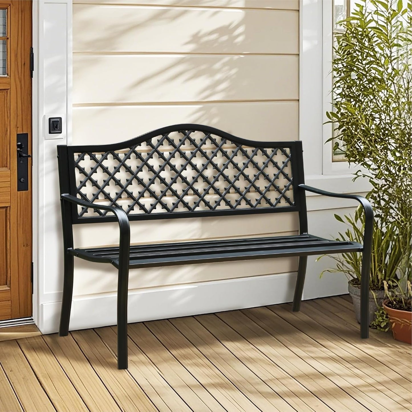Sophia & William Outdoor Bench, 50 inches Metal Garden Bench, Cast Iron Park Benches for Outside with Floral Backrest and Straight Legs for Porch Yard Lawn Deck,Black