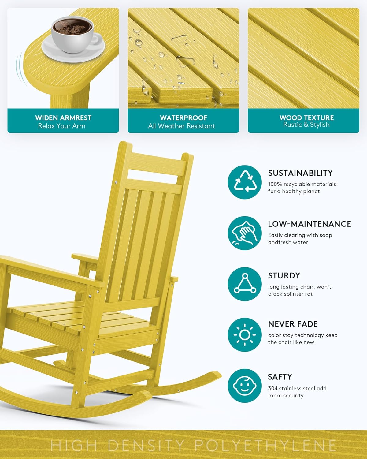 SERWALL HDPE Rocking Chair, Outdoor Rocking Chair for Adults, All Weather Porch Rocker for Lawn Garden, Yellow