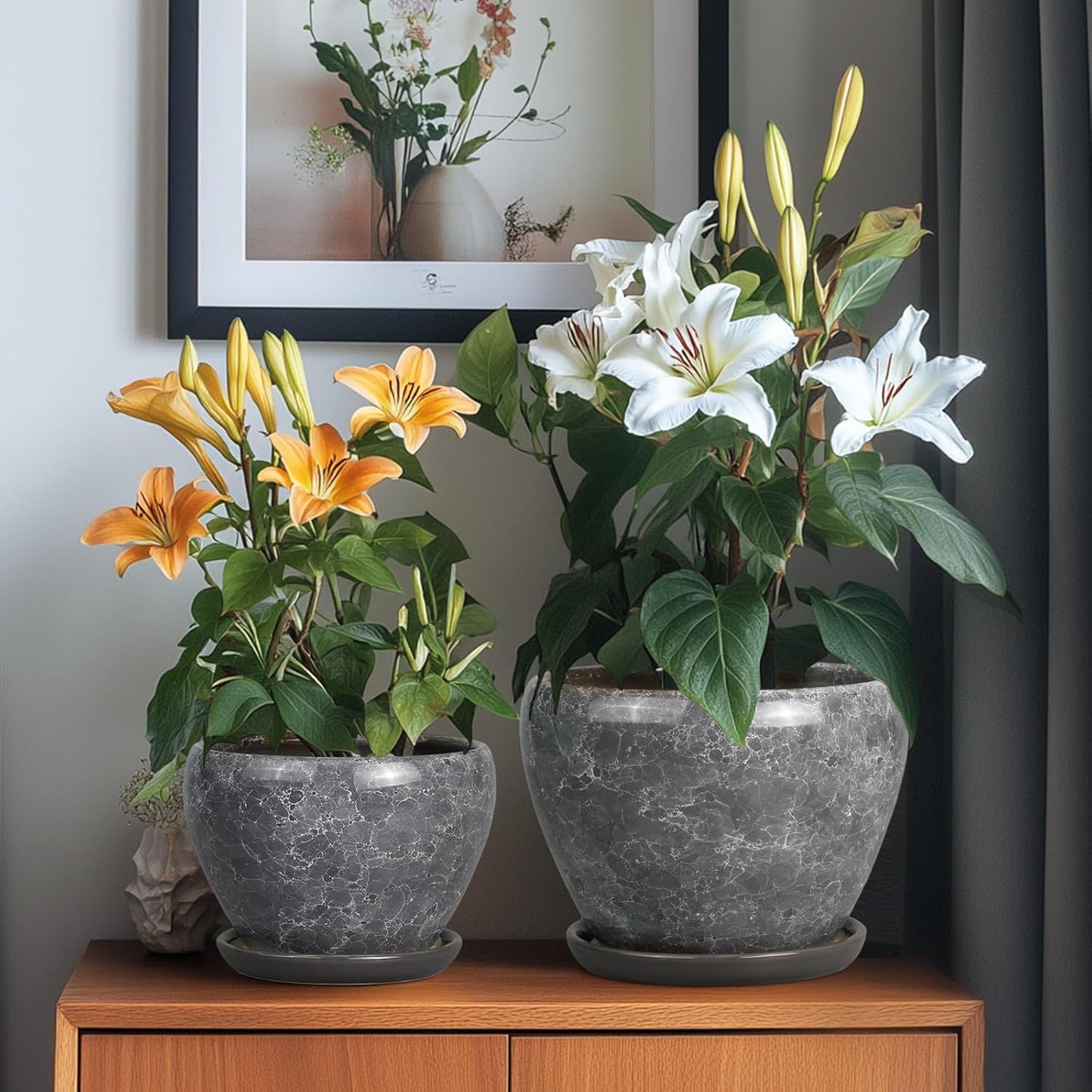 Ceramic Planters - 10 Inch 8 Inch 6 Inch Round Decorative Plant Pots with Drainage Holes and Saucers for Indoor Outdoor Flower, Room Home Apartment Decor, Gift for Women Men, Set of 3, Grey