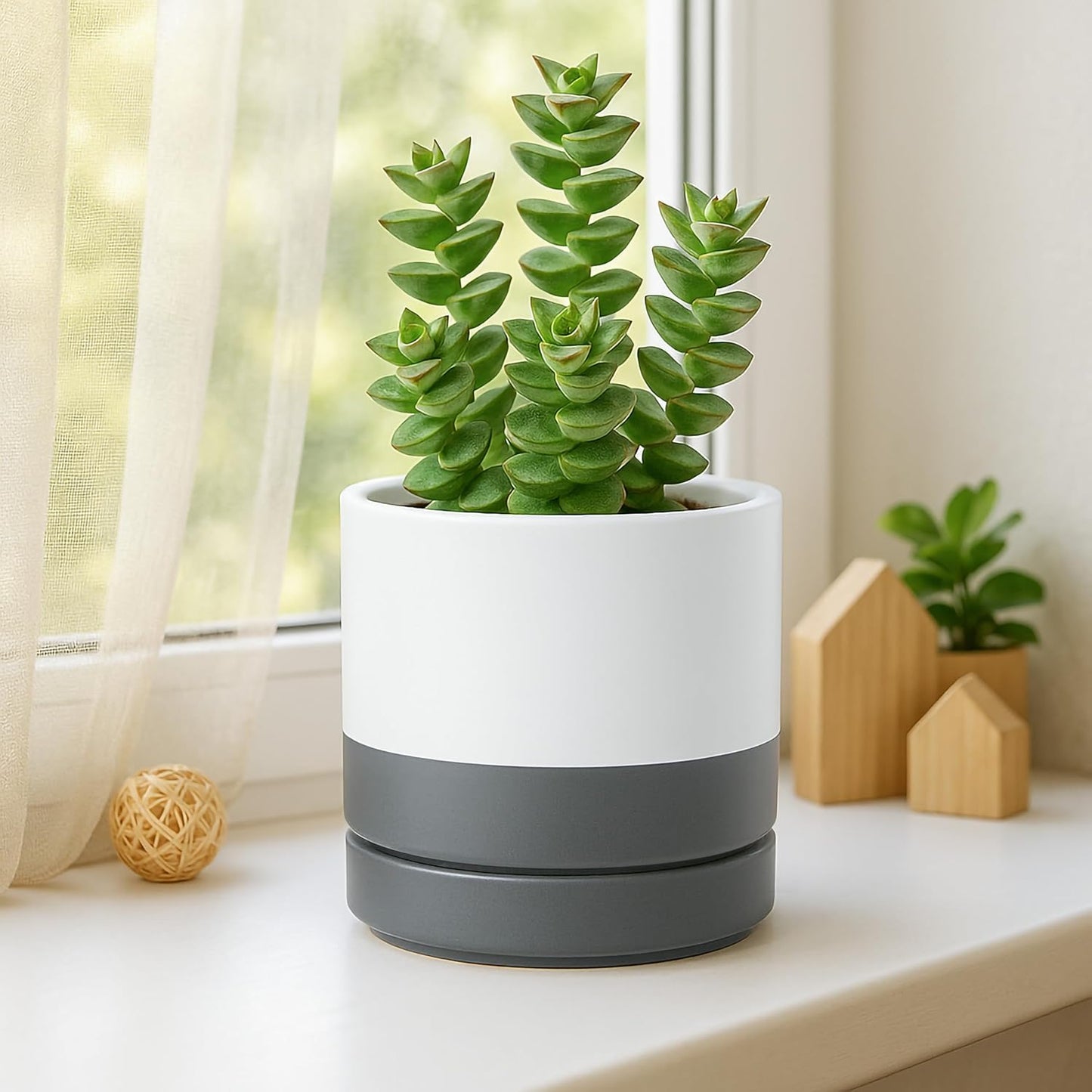 D'vine Dev 3.5 Inch & 4.7 Inch Ceramic Planter Pots for Plants with Drainage Hole and Saucer, X-Small Plant Pots Set, White/Speckled Grey, 94-G-XS-6