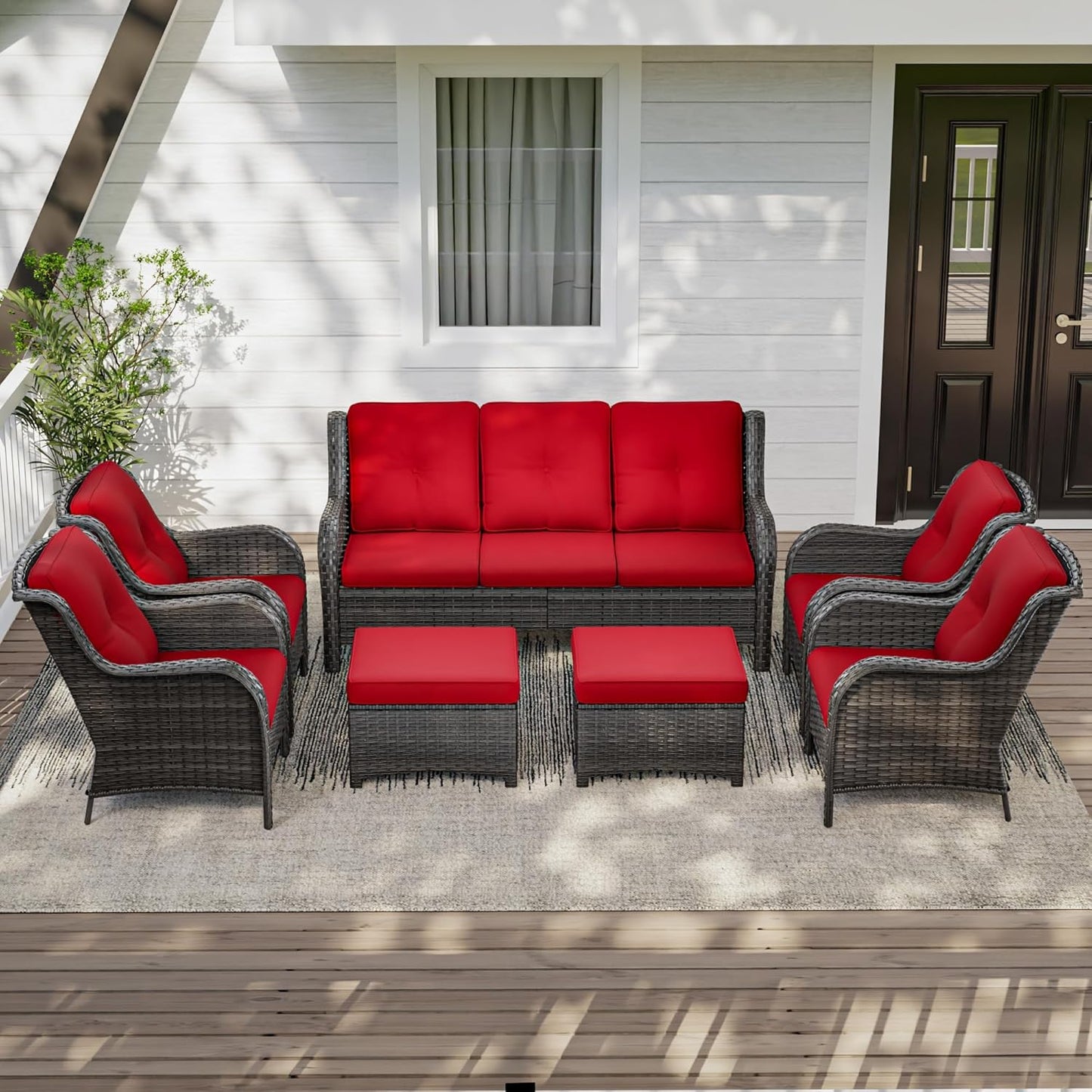 7 Pieces Outdoor Patio Conversation Set, Wicker Furniture Set Includes 3-Seat Sofa, Patio Rattan Dining Chair Set of 4, 2 Ottomans, for Porch, Yard, Mixed Brown Rattan, Red