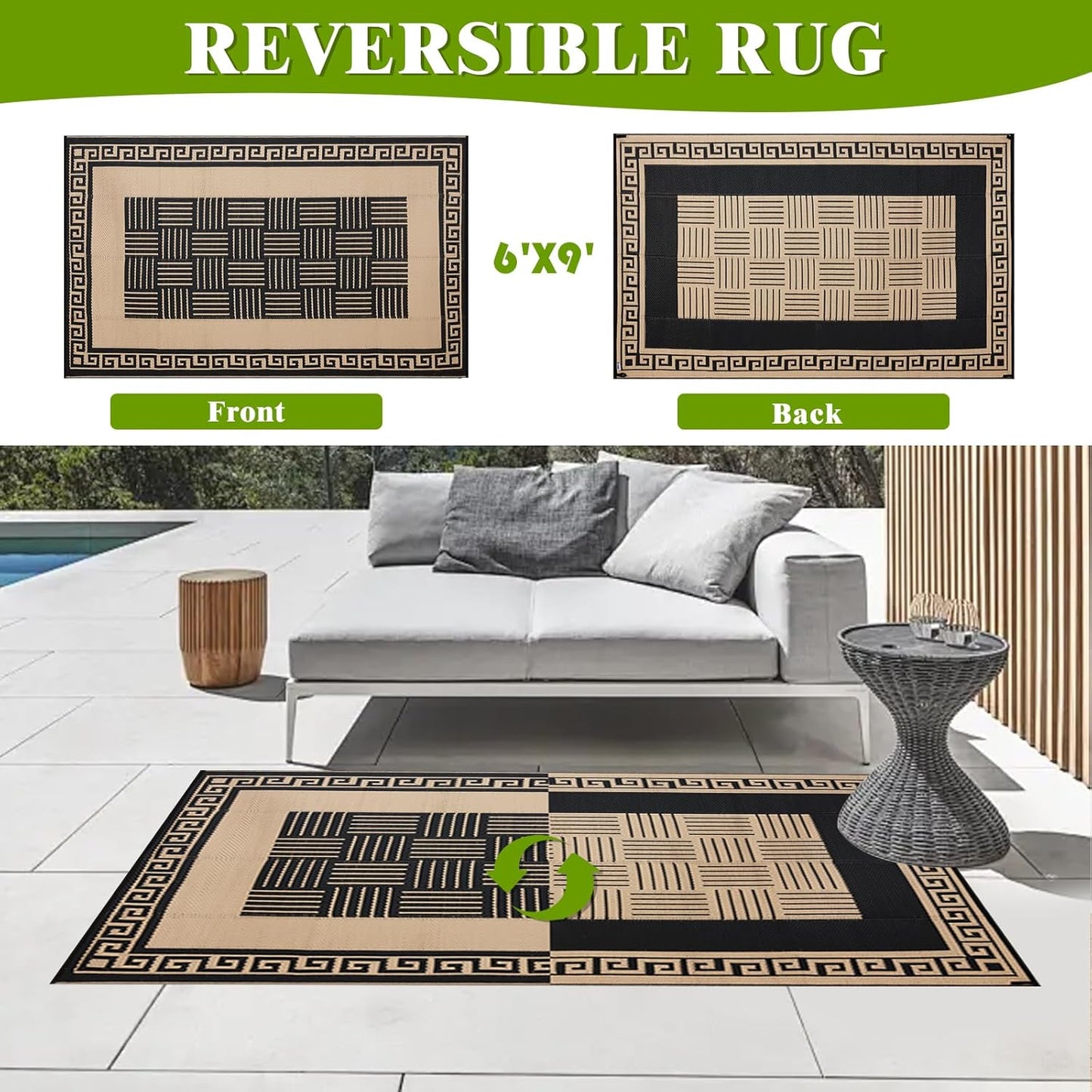 Outdoor Rug 6x9 ft Waterproof, Reversible Outdoor Plastic Straw Rug for Patios Clearance, Outdoor Area Rug Carpet RV Mat for Camping Backyard Deck Porch