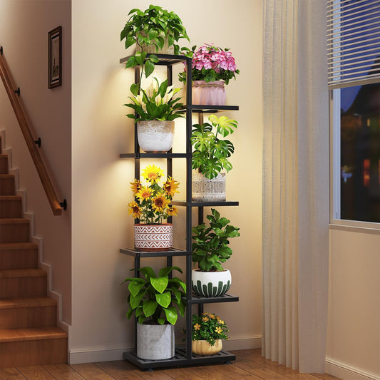 LASZOLA 6 Tier Plant Stand Indoors Outdoors with Light for Large Heavy Duty Planter, Black Metal Tall Flower Holder Rack for Modern House Corner, Vertical Iron Organizer with Multiple Rustic Shelf