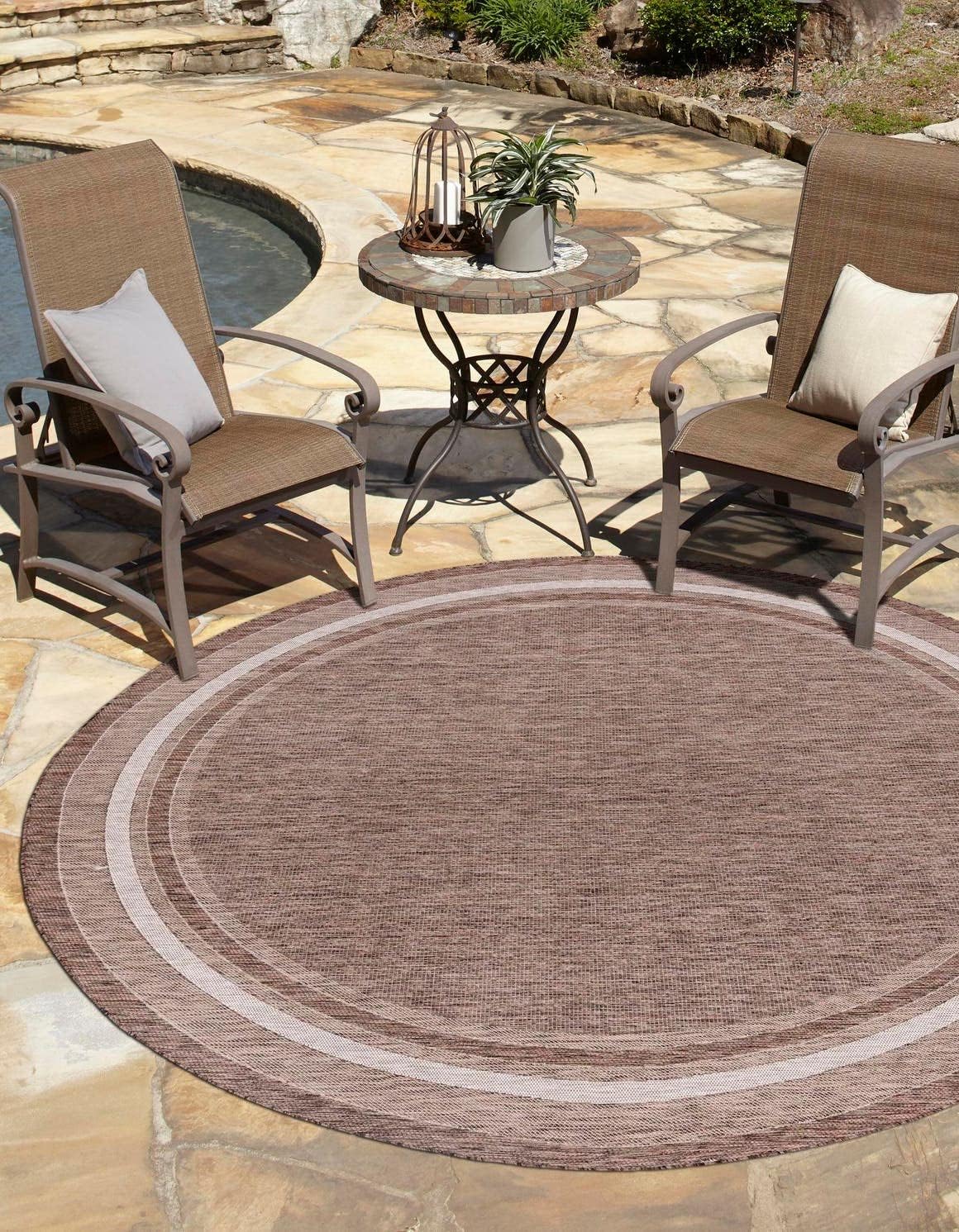 Unique Loom Outdoor Border Collection Area Rug - Soft Border (13' Round, Brown/ Ivory)