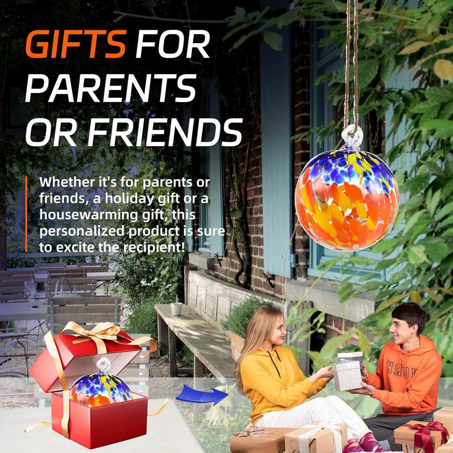 VOREEN 4" Hanging Glass Garden Gazing Ball Hand Blown Glass Witch Ball Christmas Ornament Friendship Balls for Outdoor Garden Patio Window Home Décor, Gift for Mom Wife Friend, Red and Blue