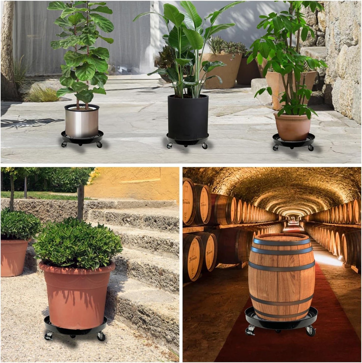 3 Pack Metal Plant Caddy with Wheels 14 Inch Black, Round Rolling Heavy Duty Plant Dolly, Heavy Plant Pot Mover Outdoors or Indoors, The Metal Wheel Can Rotate 360 Degrees or Lockable.