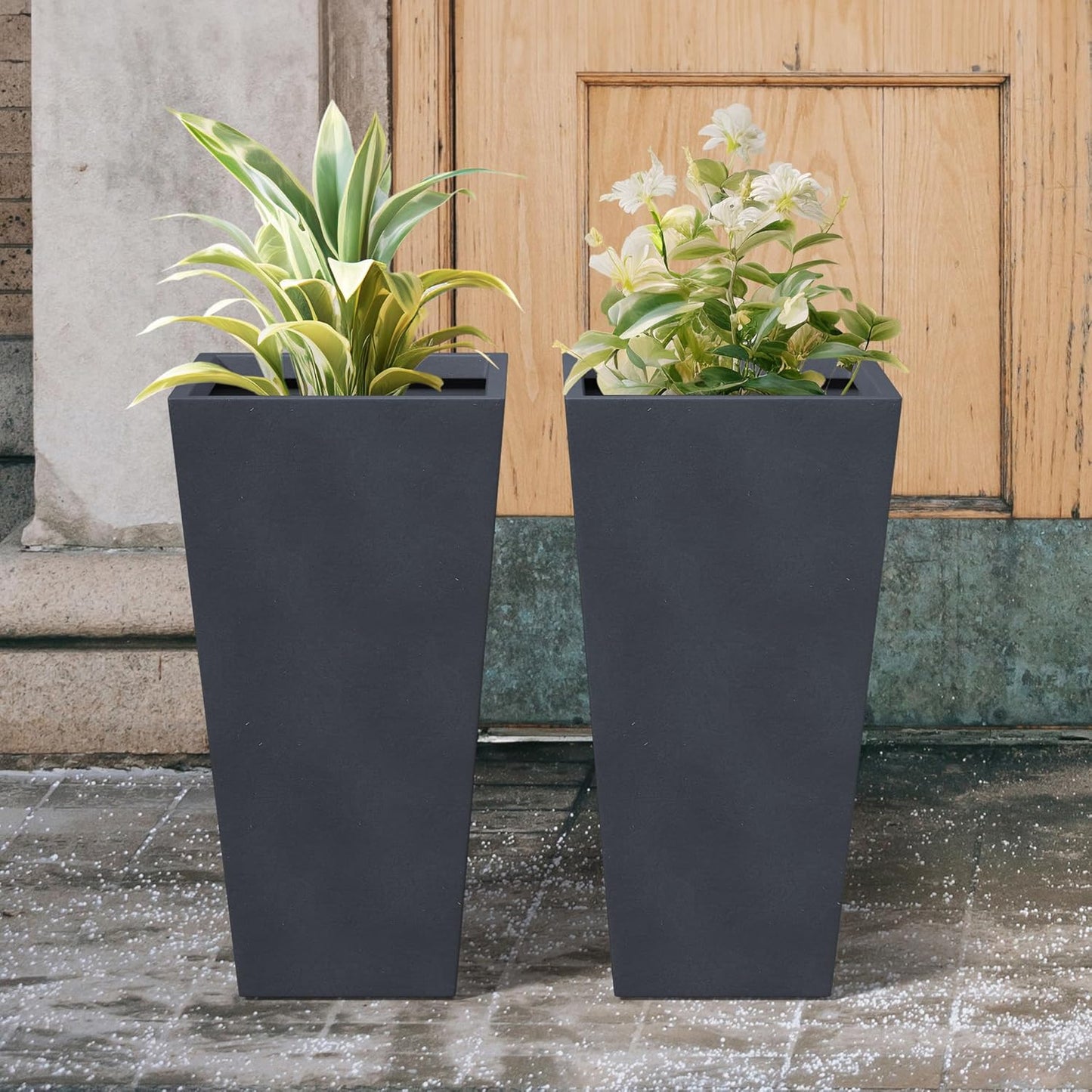 Kante 24.4 Inch Tall Tapered Concrete Planter (Set of 2), Modern Style Large Plant Pot with Drainage Hole and Rubber Plug for Patio, Backyard, Porch, Suitable for Indoor Outdoor Plants, Charcoal